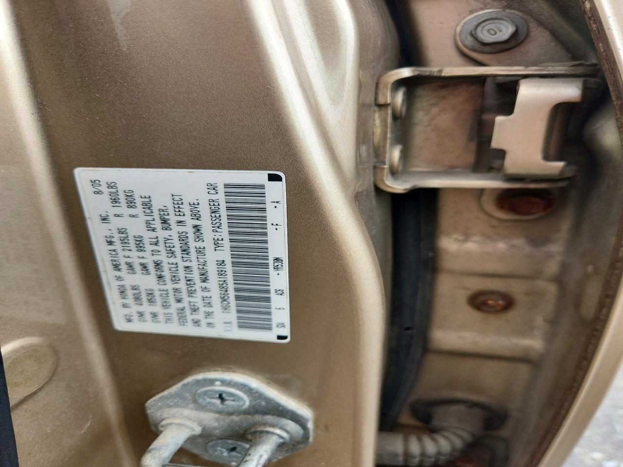 2005 Honda Accord Lx Gold vin: 1HGCM56485A189184