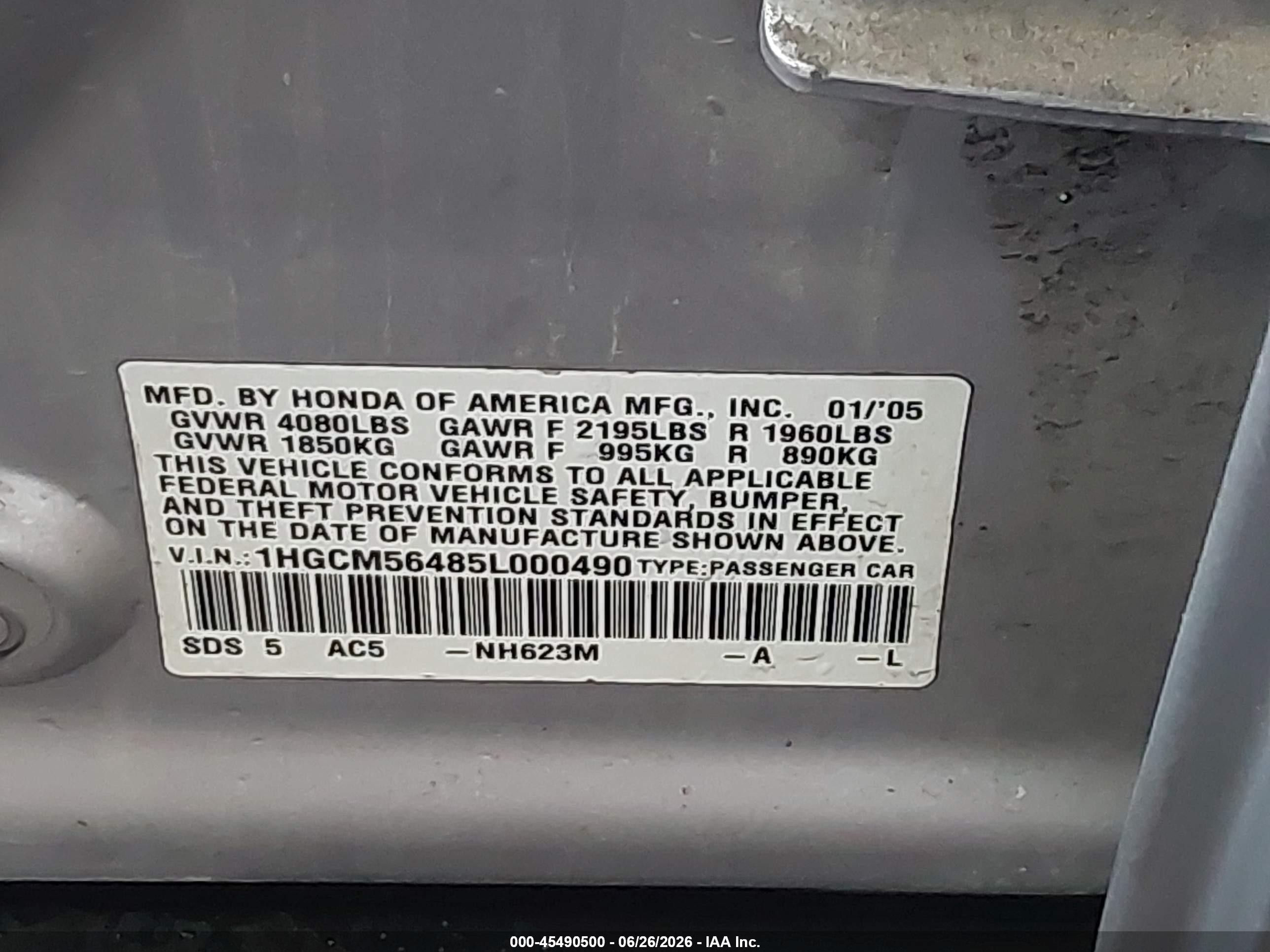 2005 Honda Accord 2.4 Lx Silver vin: 1HGCM56485L000490