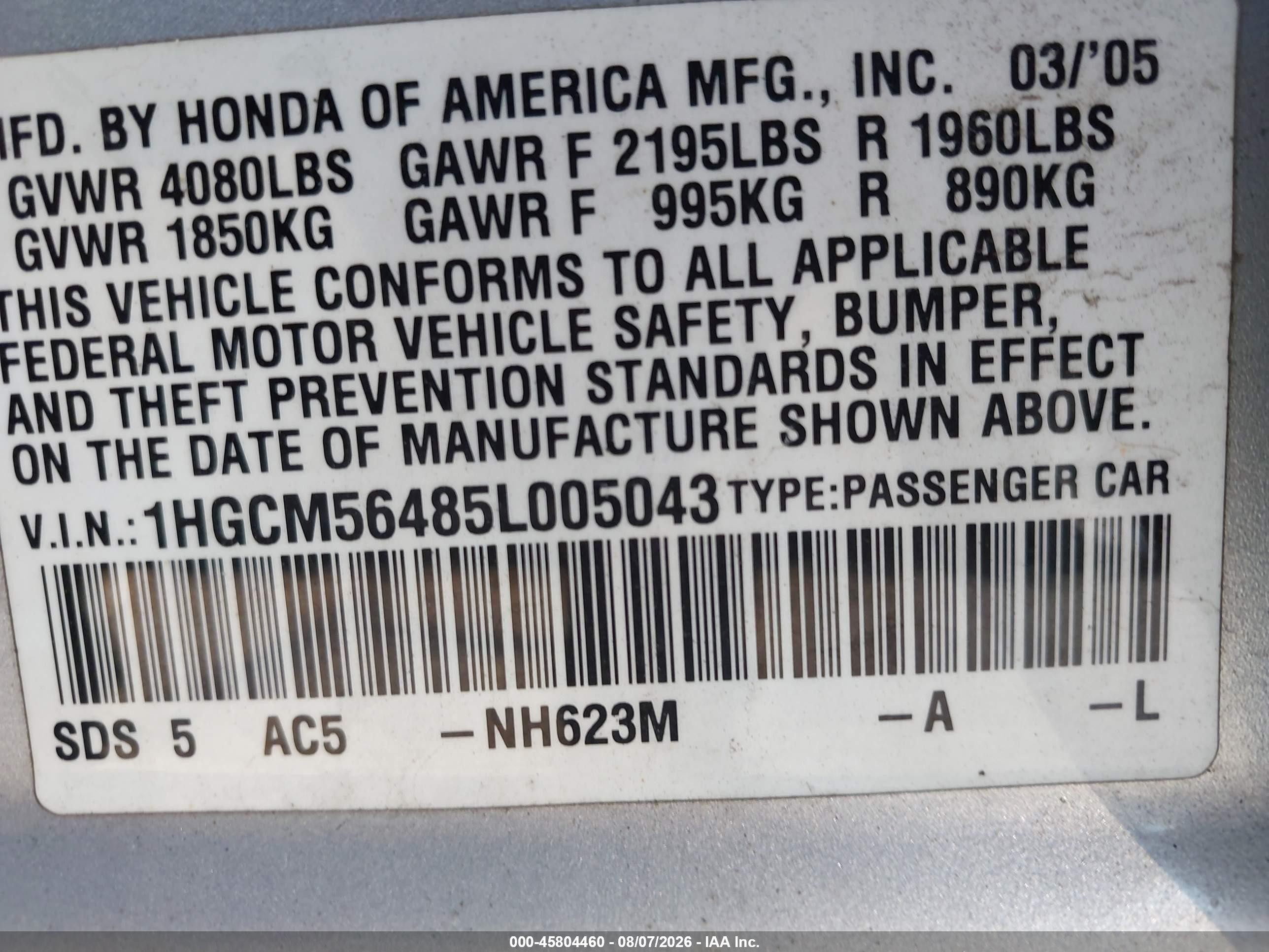 2005 Honda Accord 2.4 Lx Silver vin: 1HGCM56485L005043