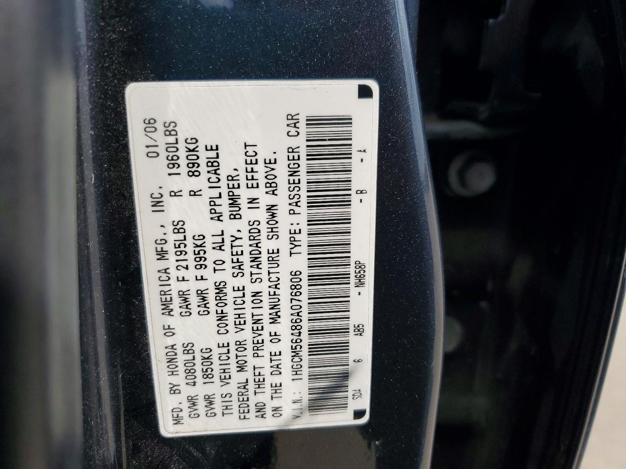 2006 Honda Accord Lx Black vin: 1HGCM56486A076806