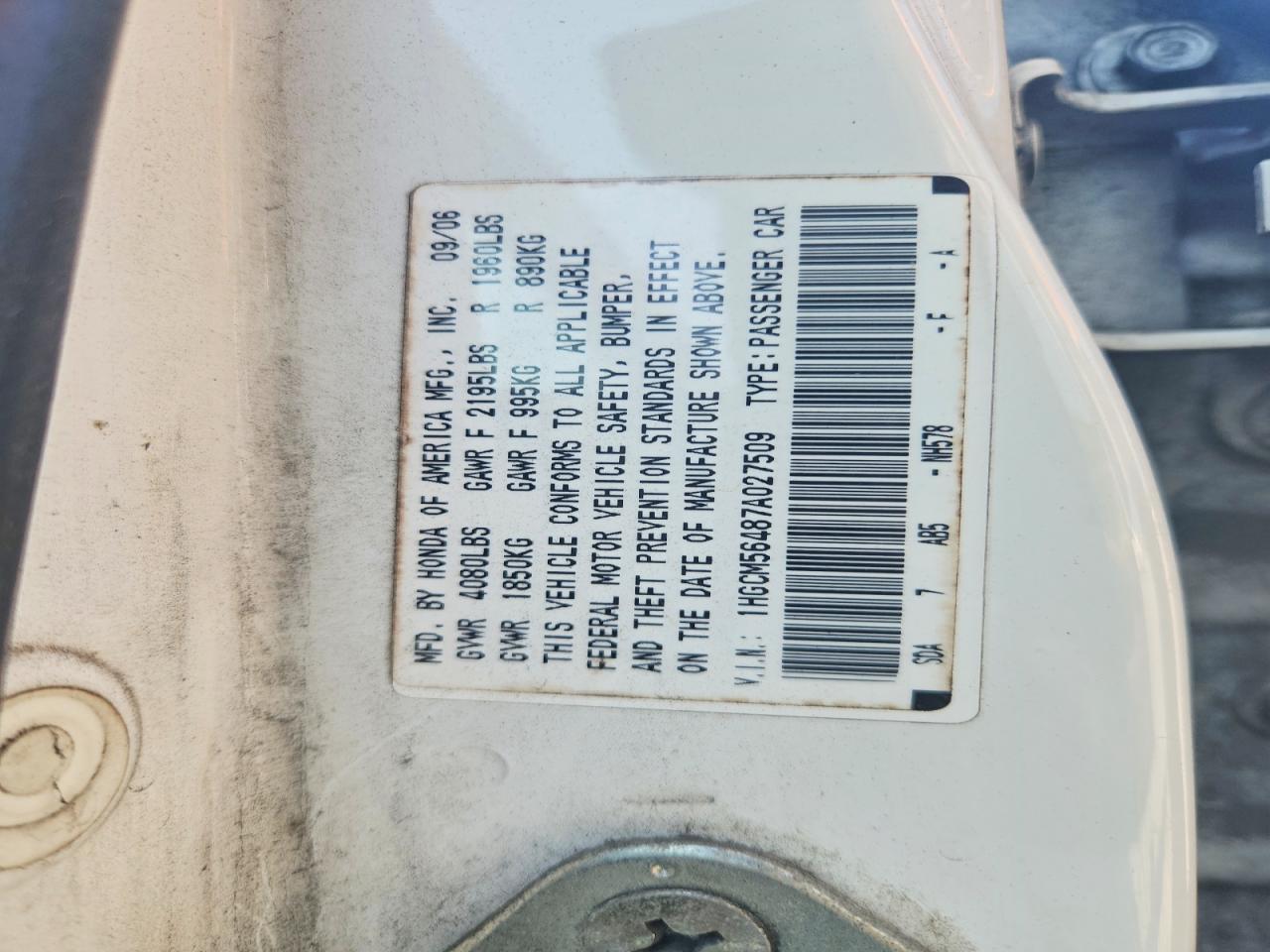 2007 Honda Accord Lx White vin: 1HGCM56487A027509