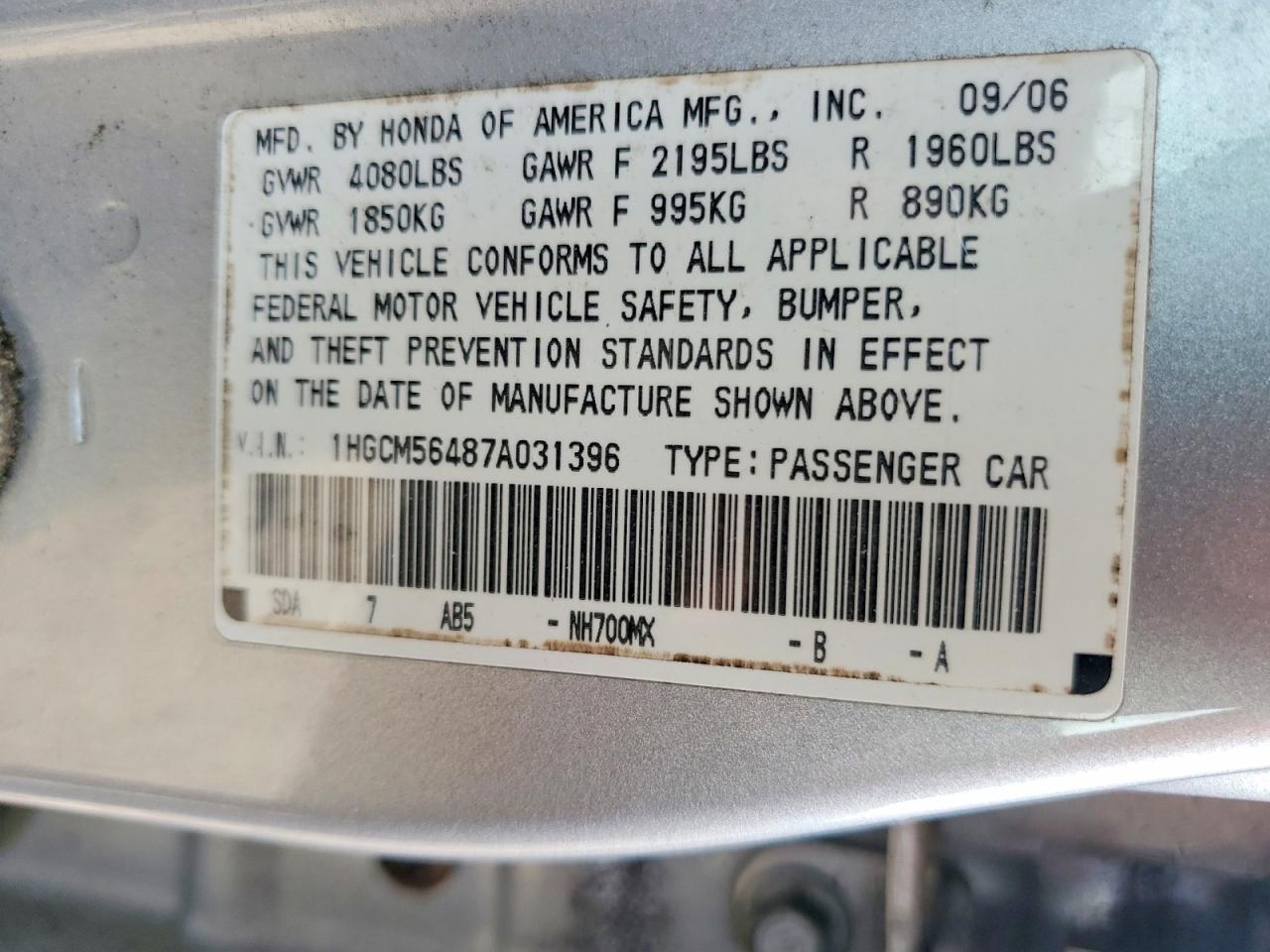 2007 Honda Accord Lx Silver vin: 1HGCM56487A031396