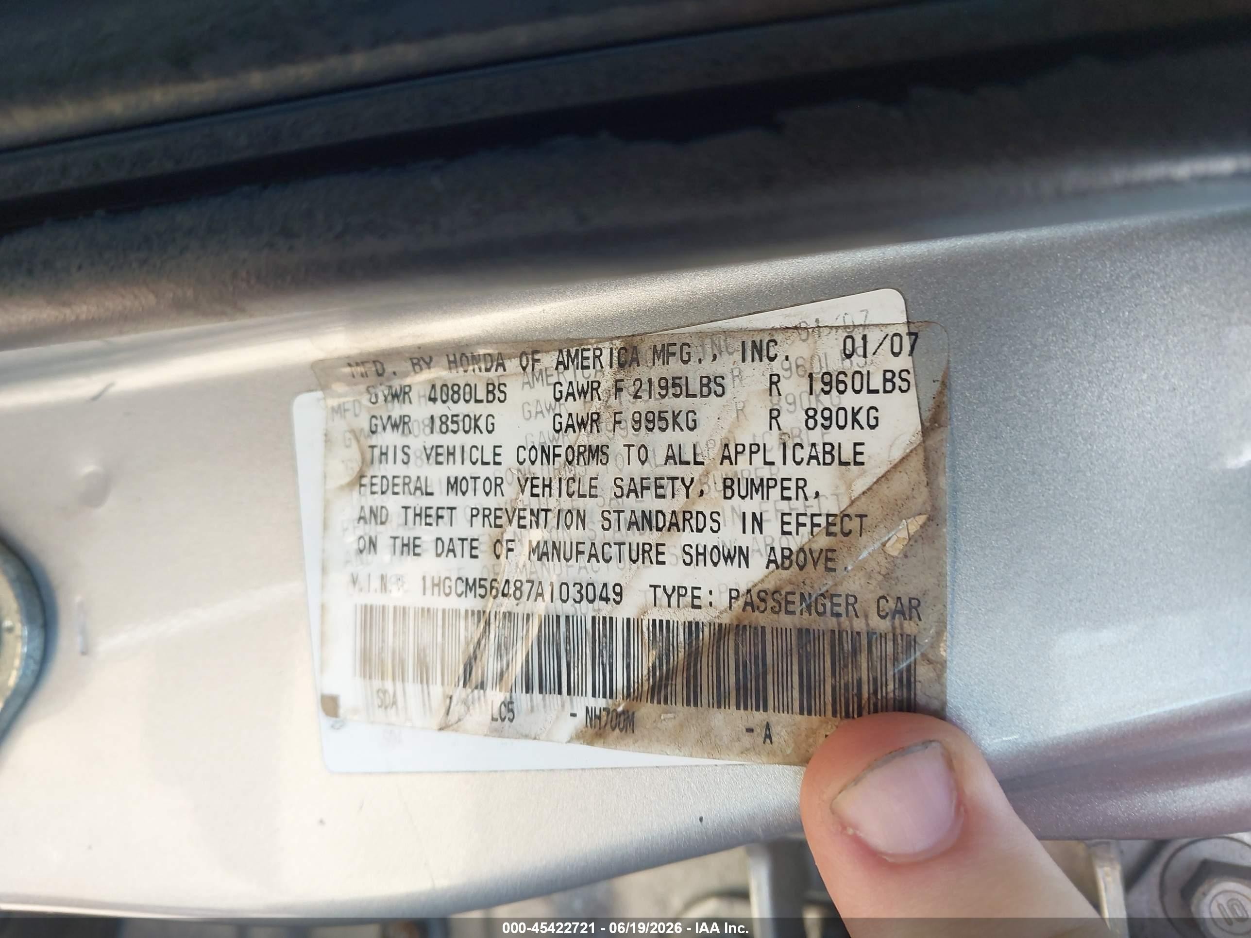 2007 Honda Accord 2.4 Lx Silver vin: 1HGCM56487A103049
