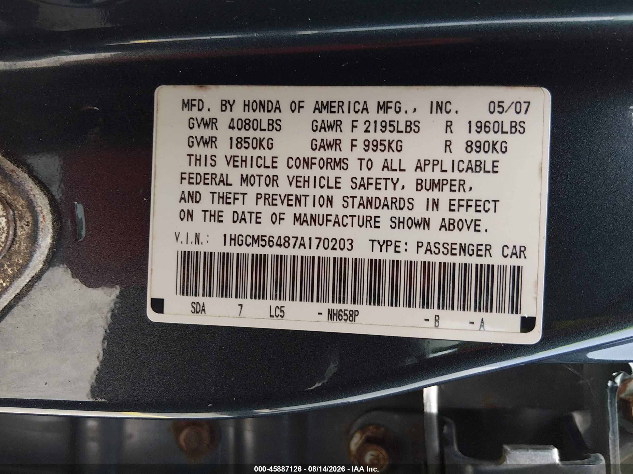 2007 Honda Accord 2.4 Lx Gray vin: 1HGCM56487A170203
