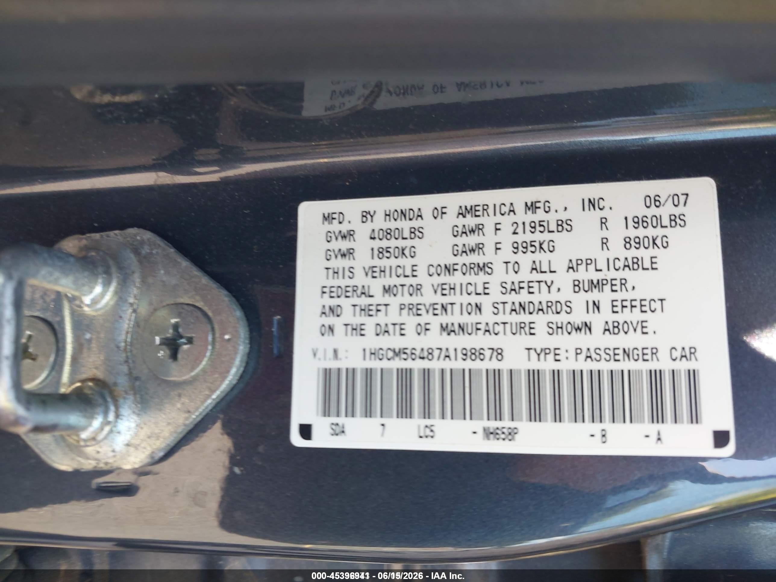 2007 Honda Accord 2.4 Lx Gray vin: 1HGCM56487A198678