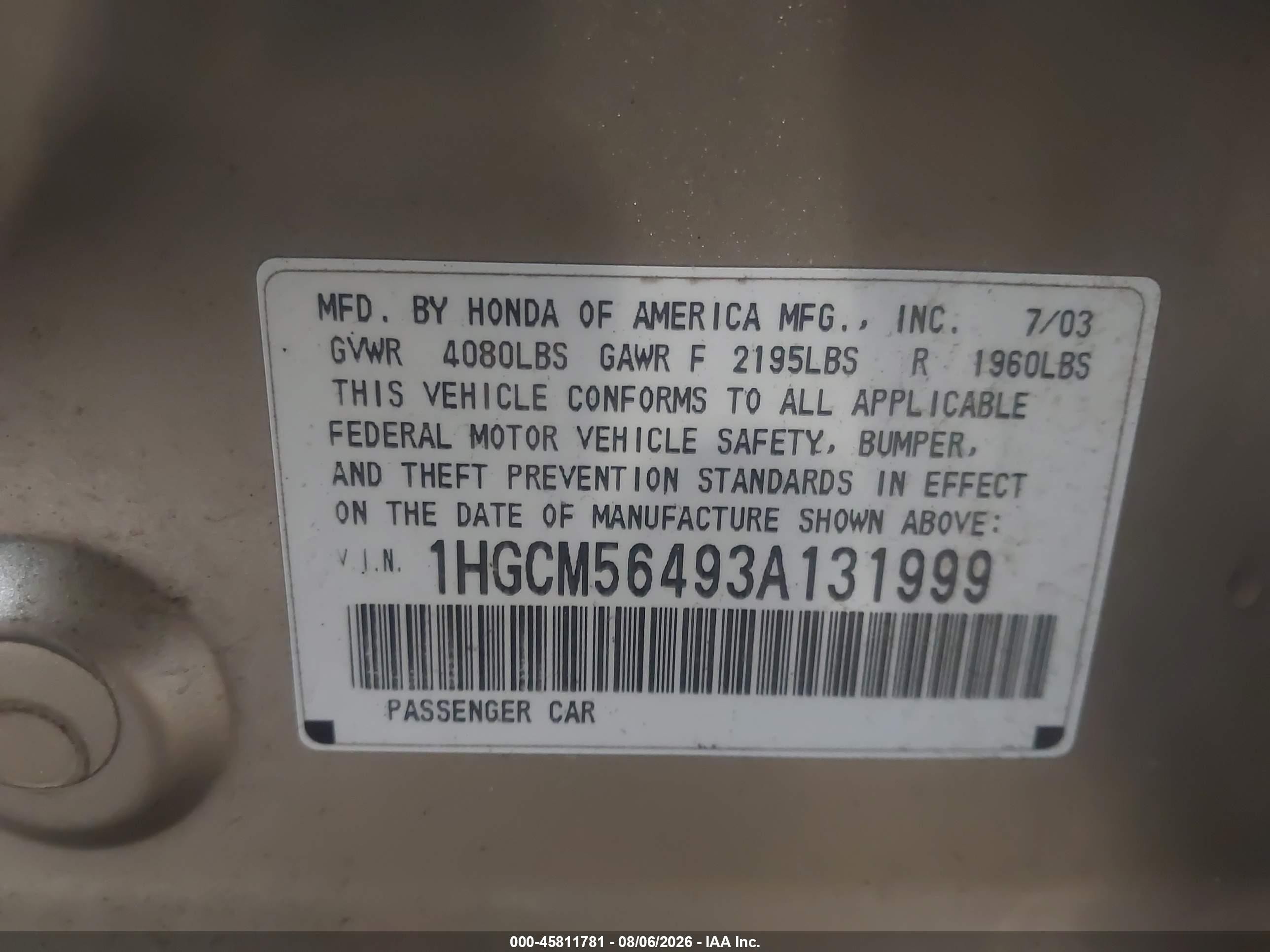 2003 Honda Accord 2.4 Lx Gold vin: 1HGCM56493A131999