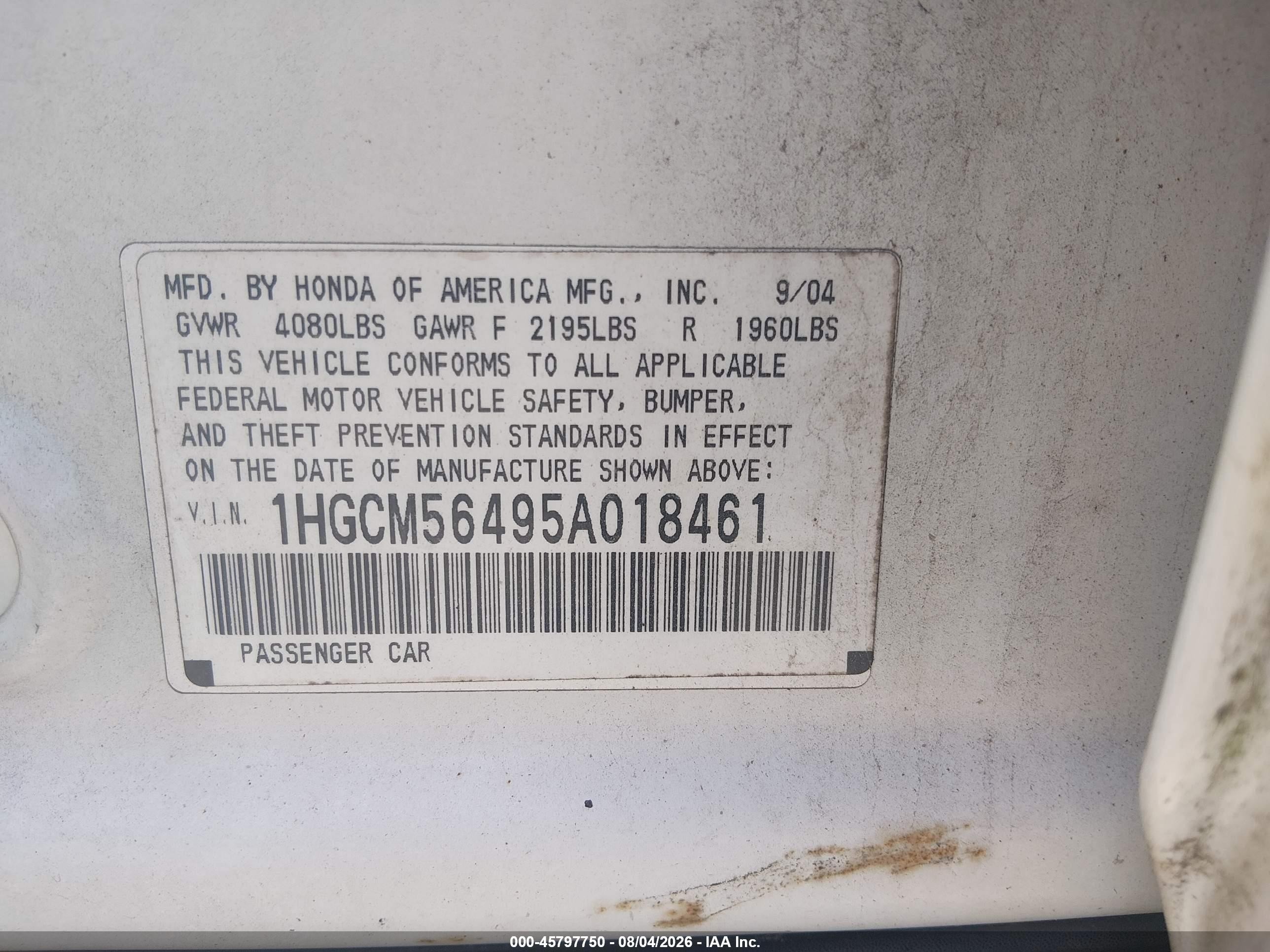 2005 Honda Accord 2.4 Lx White vin: 1HGCM56495A018461