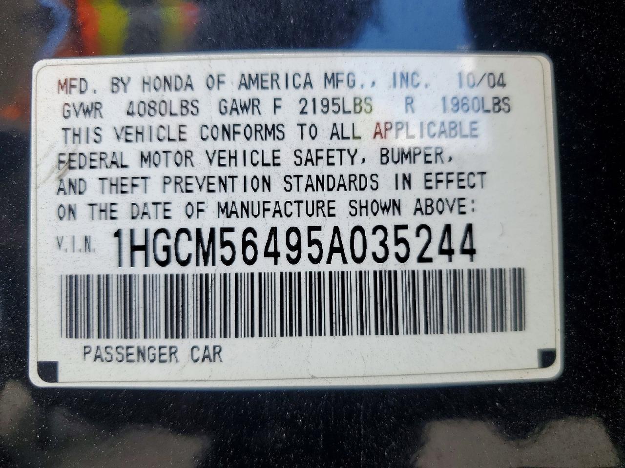 2005 Honda Accord Lx Черный vin: 1HGCM56495A035244