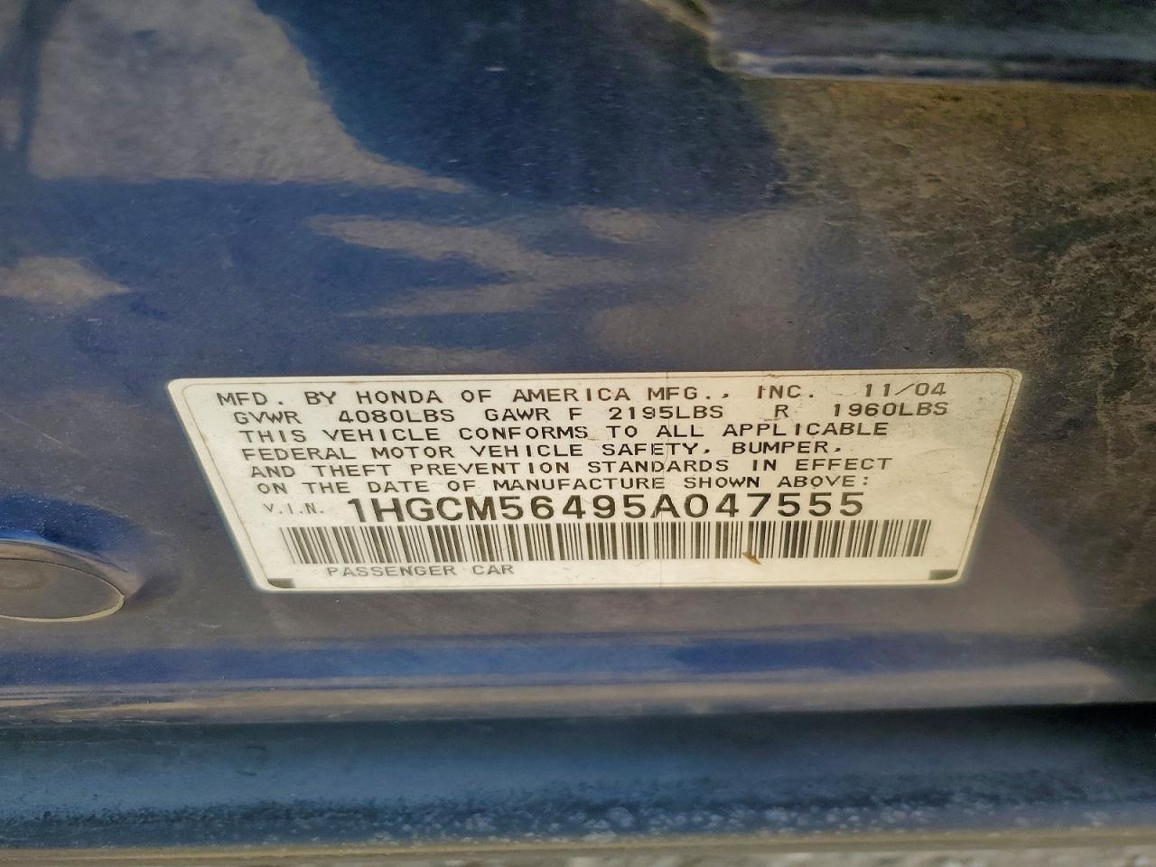 2005 Honda Accord Lx Blue vin: 1HGCM56495A047555
