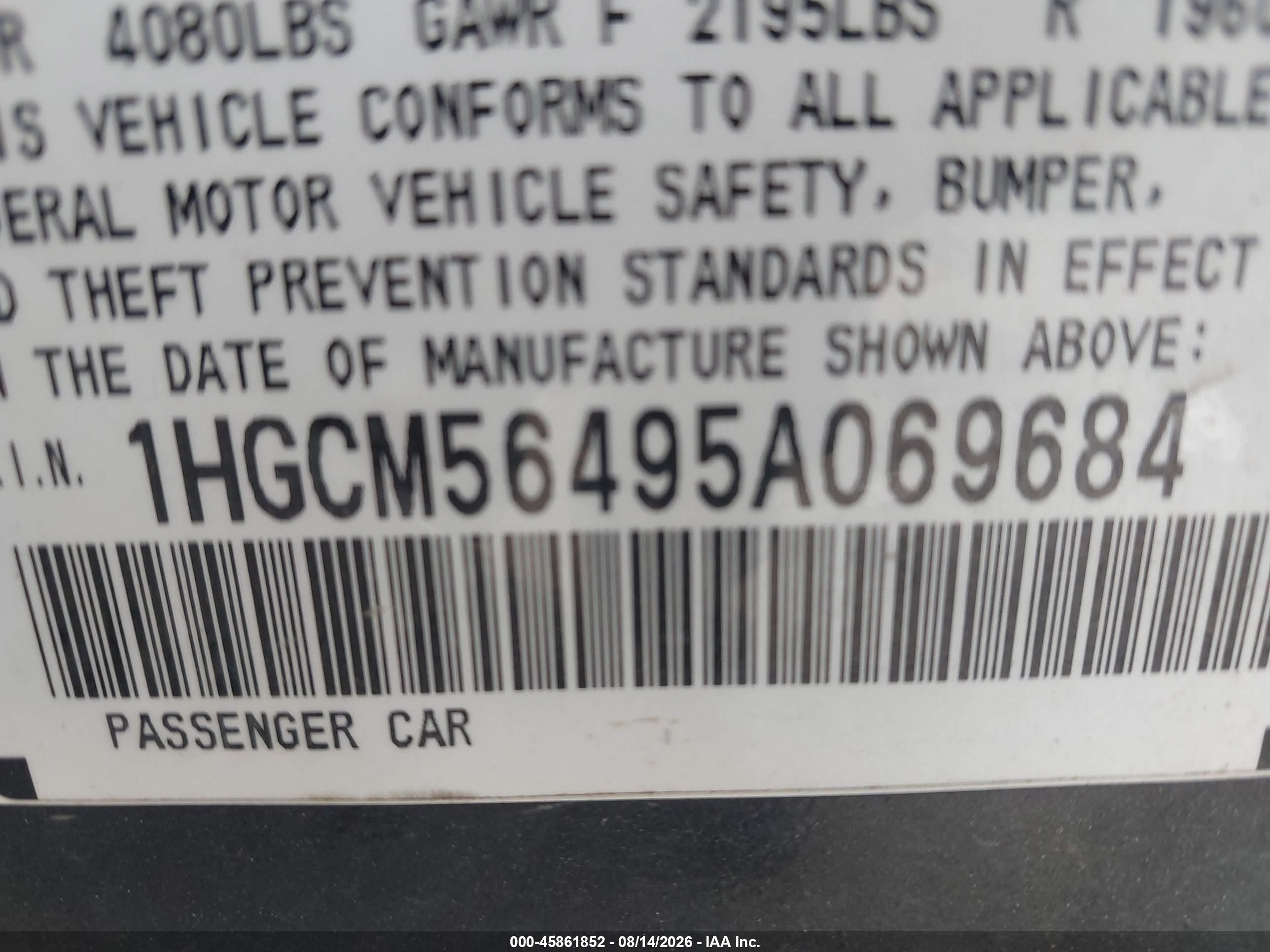 2005 Honda Accord 2.4 Lx Gray vin: 1HGCM56495A069684