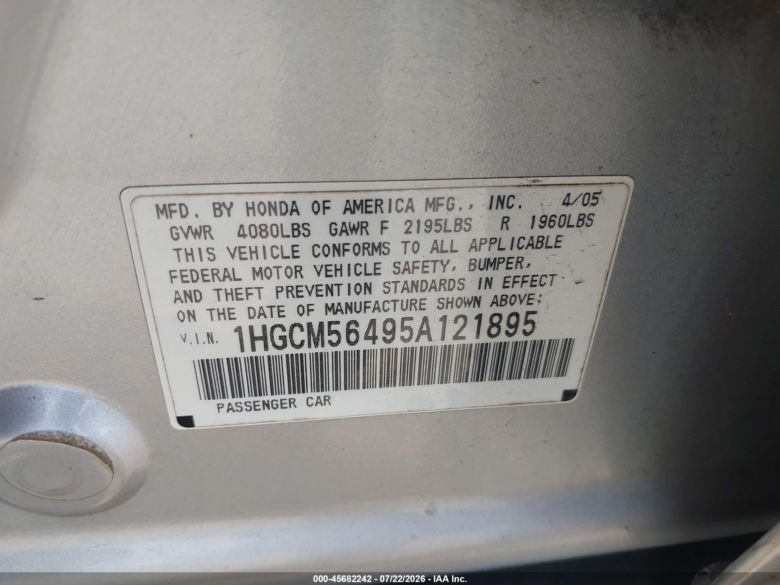 2005 Honda Accord 2.4 Lx Silver vin: 1HGCM56495A121895
