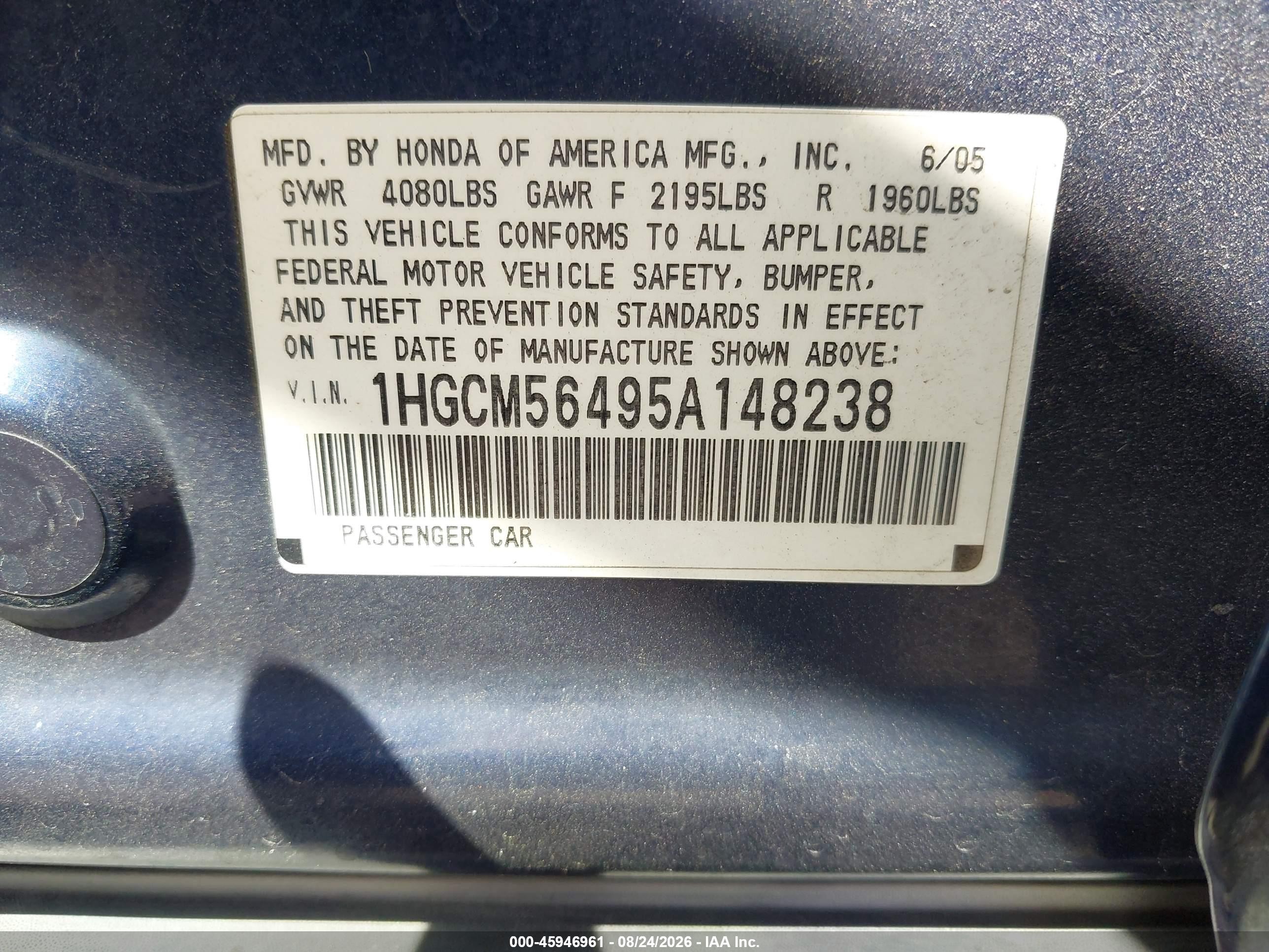 2005 Honda Accord 2.4 Lx Blue vin: 1HGCM56495A148238
