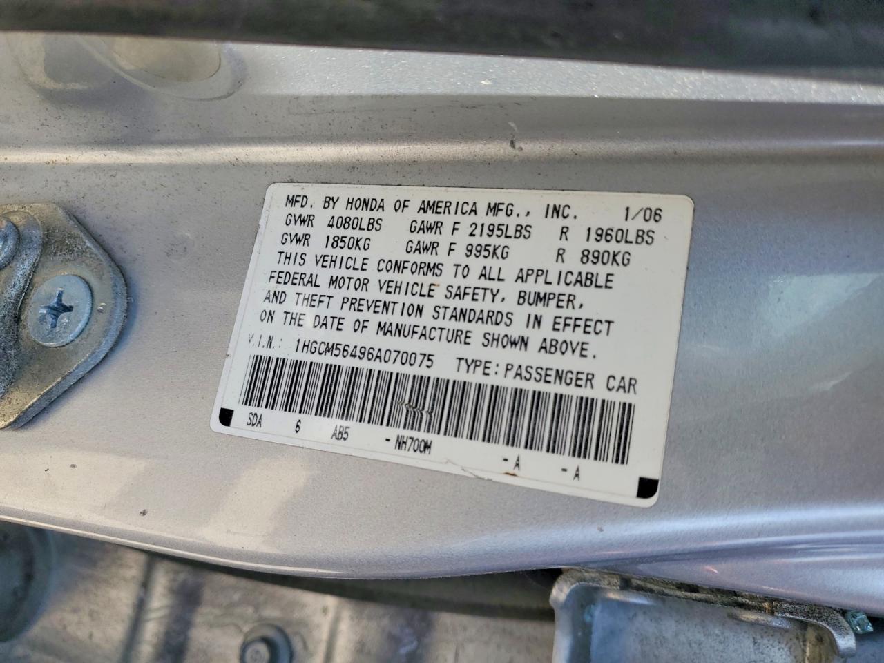 2006 Honda Accord Lx Silver vin: 1HGCM56496A070075