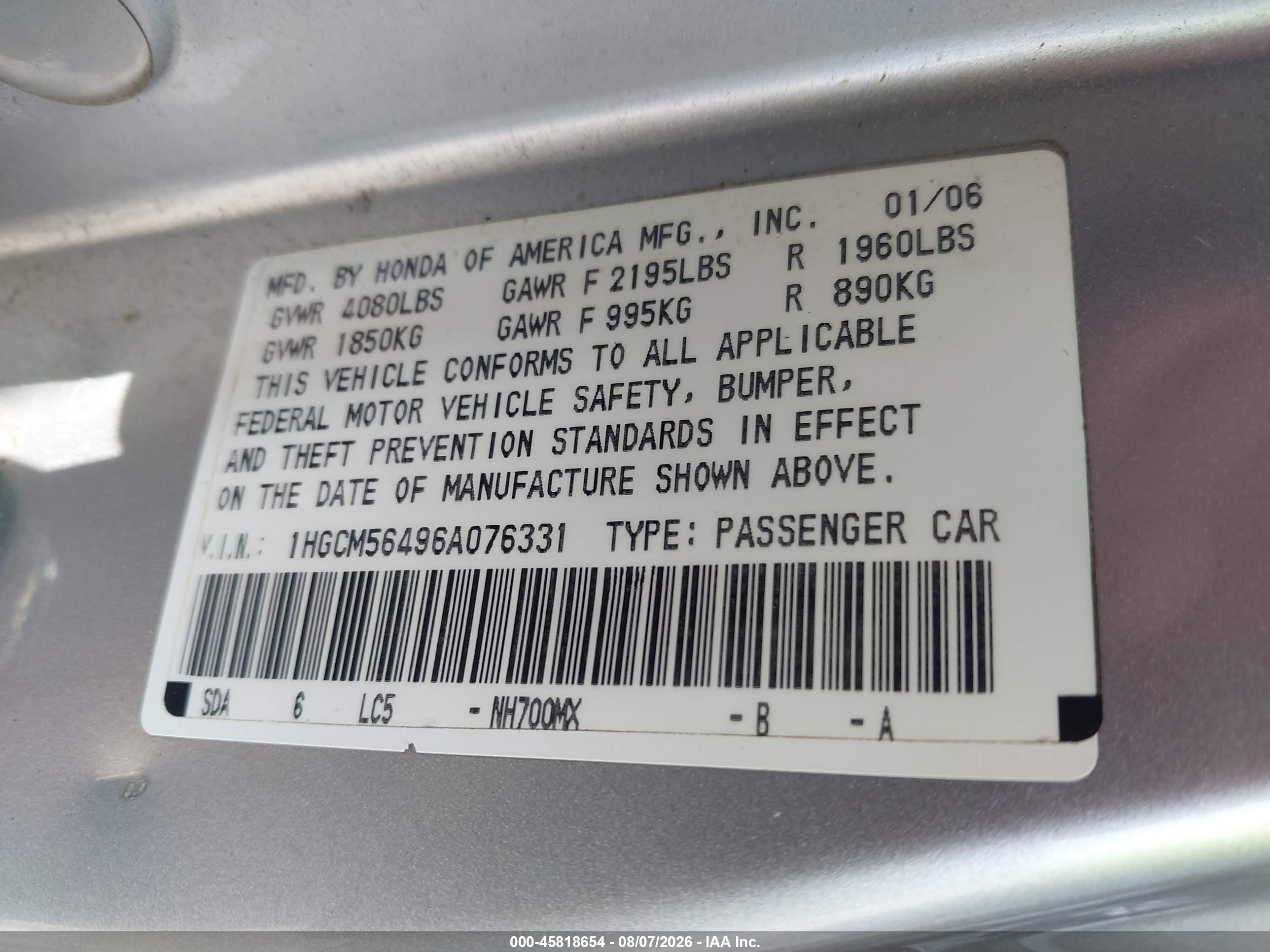 2006 Honda Accord 2.4 Lx Silver vin: 1HGCM56496A076331