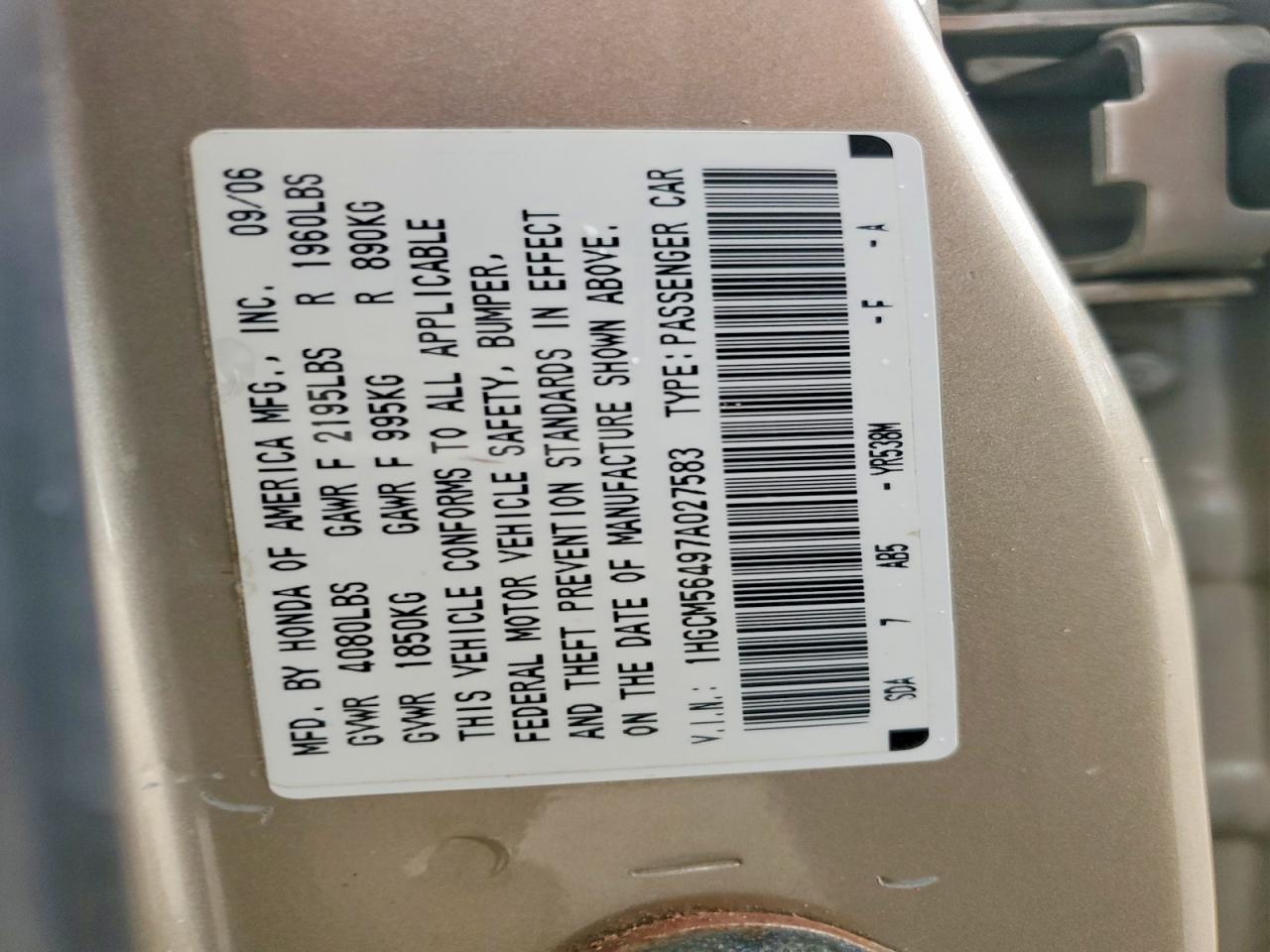2007 Honda Accord Lx Brown vin: 1HGCM56497A027583