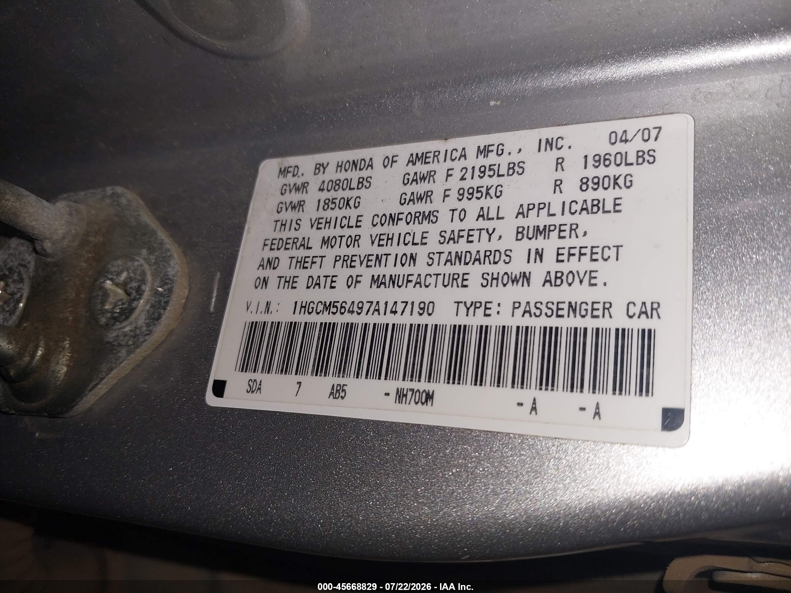 2007 Honda Accord 2.4 Lx Silver vin: 1HGCM56497A147190