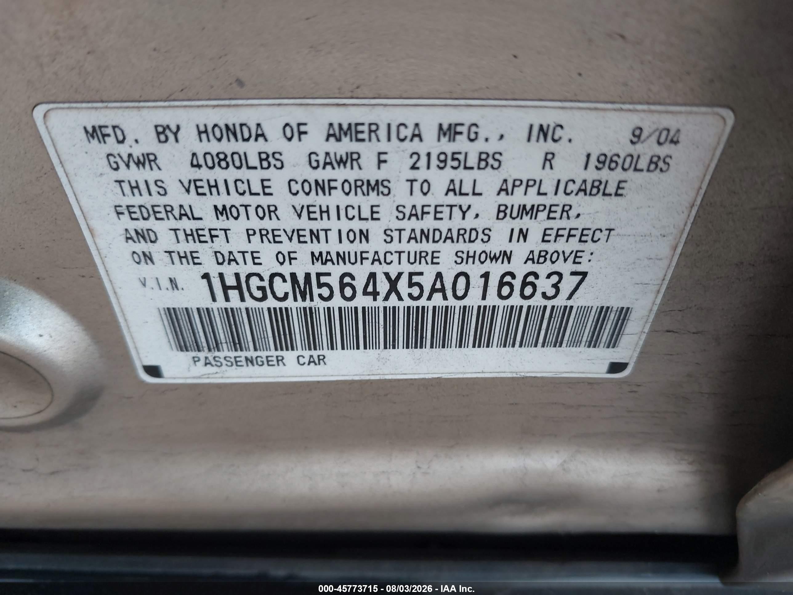2005 Honda Accord 2.4 Lx Gold vin: 1HGCM564X5A016637