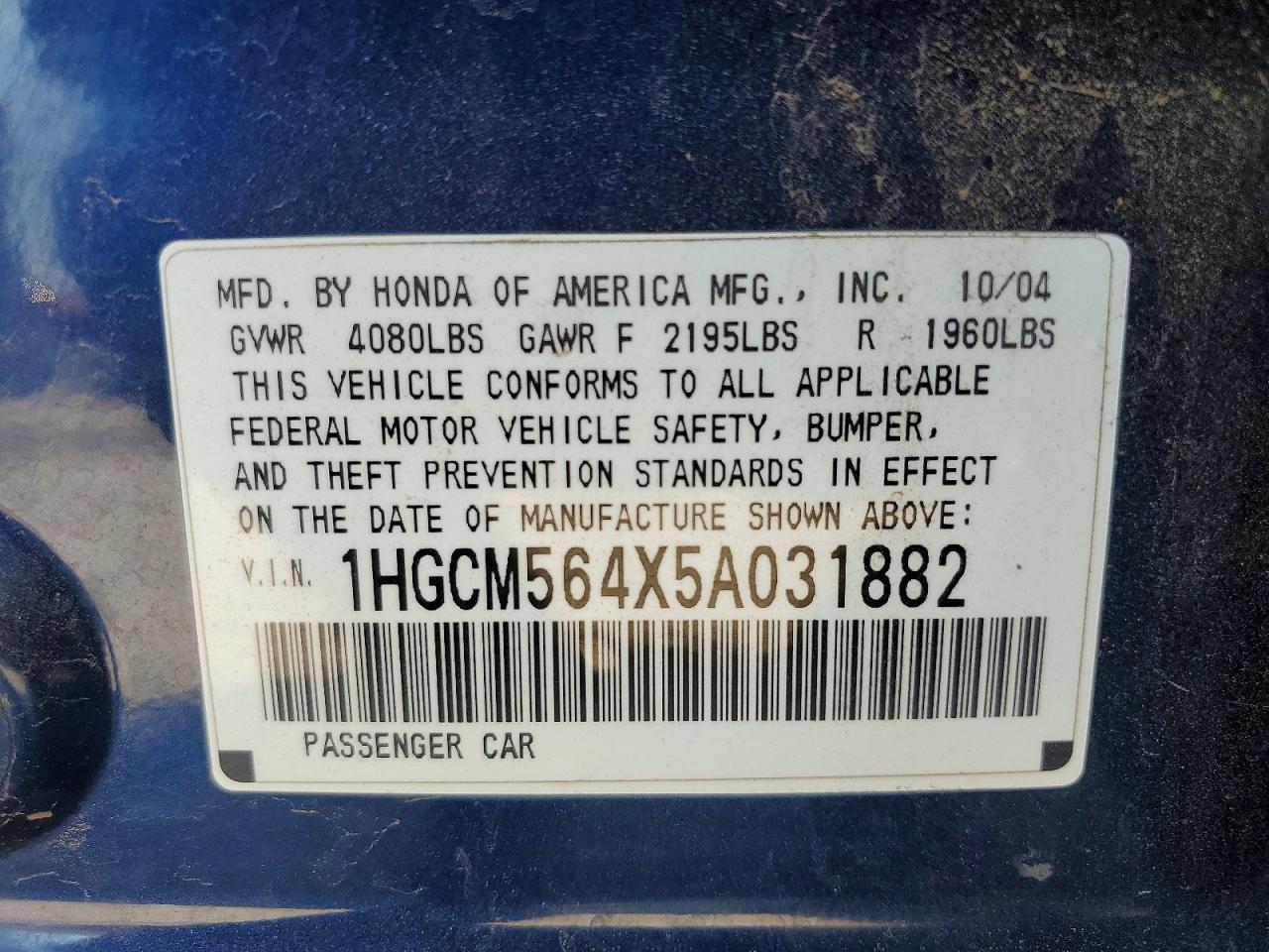 2005 Honda Accord Lx Blue vin: 1HGCM564X5A031882