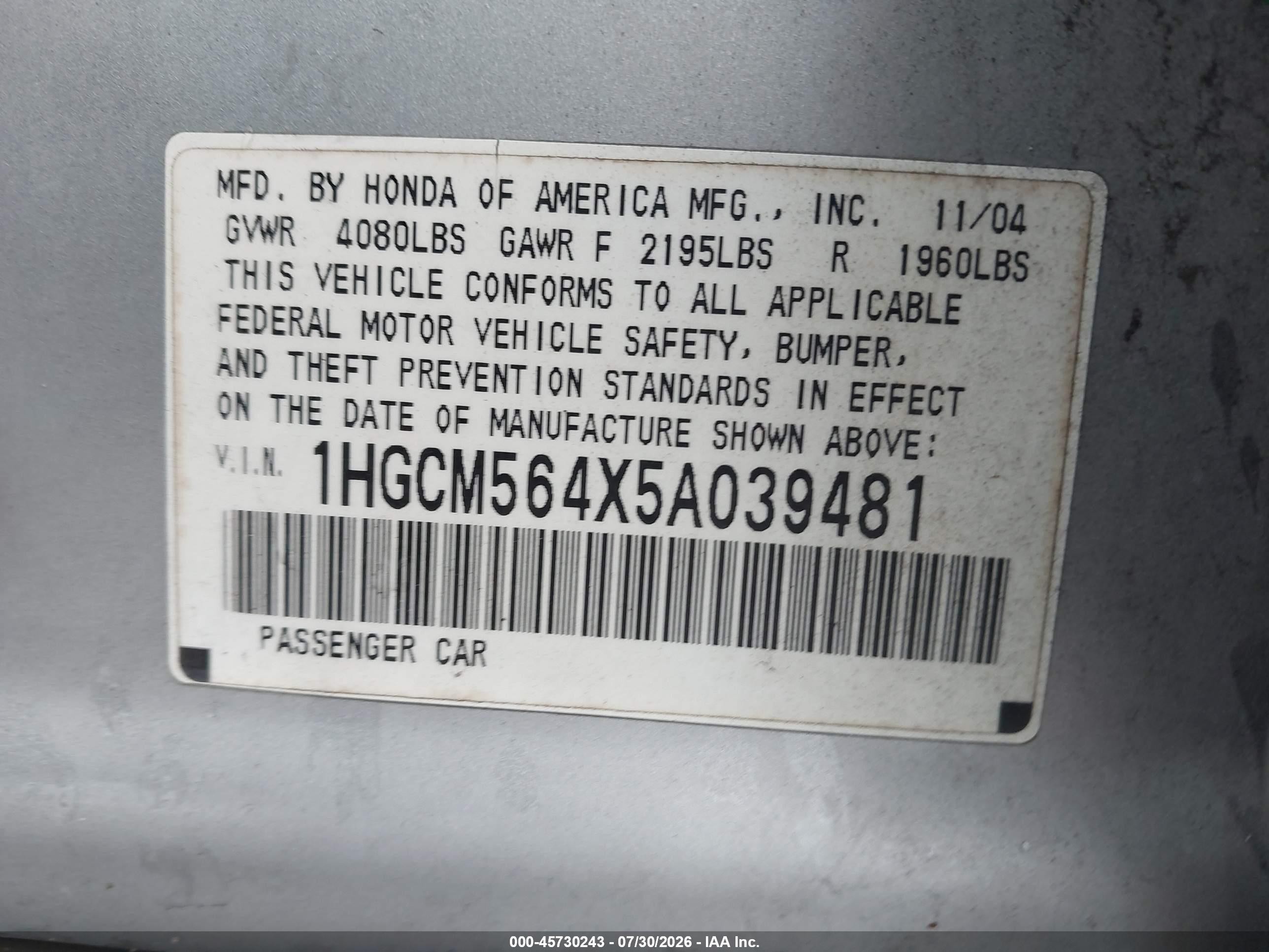 2005 Honda Accord 2.4 Lx Silver vin: 1HGCM564X5A039481