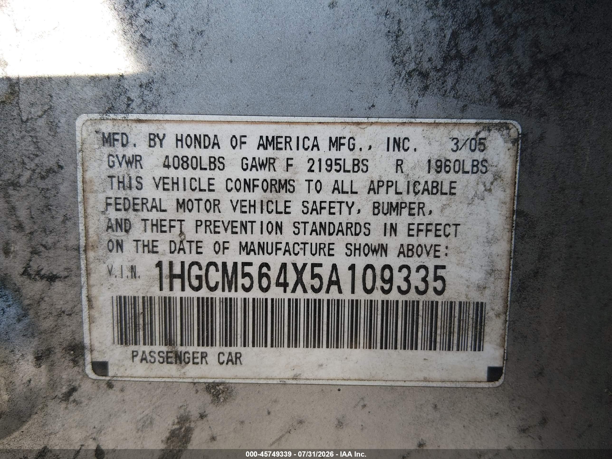 2005 Honda Accord 2.4 Lx Silver vin: 1HGCM564X5A109335