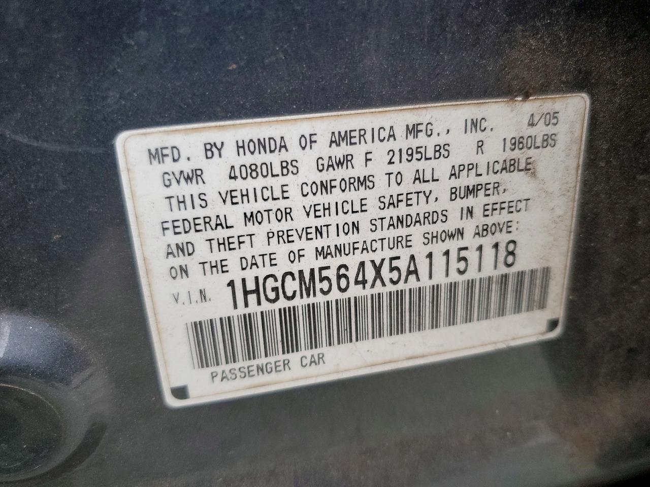 2005 Honda Accord Lx Charcoal vin: 1HGCM564X5A115118