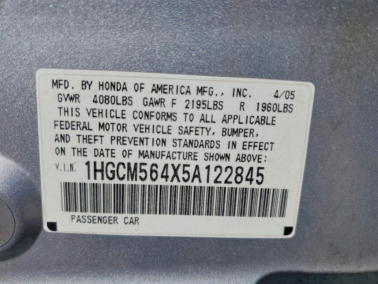 2005 Honda Accord Lx Silver vin: 1HGCM564X5A122845