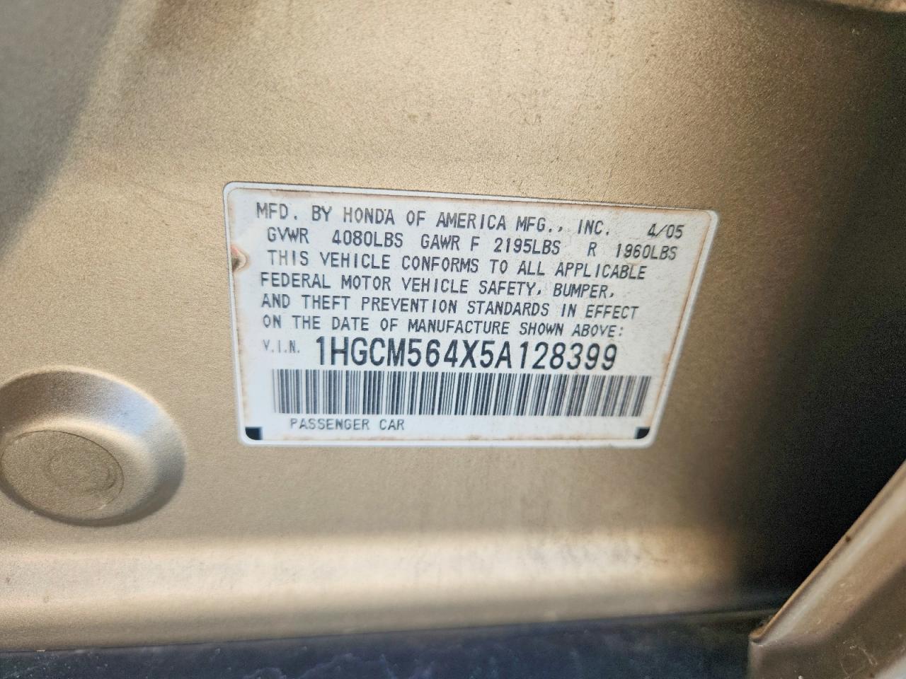 2005 Honda Accord Lx Gold vin: 1HGCM564X5A128399