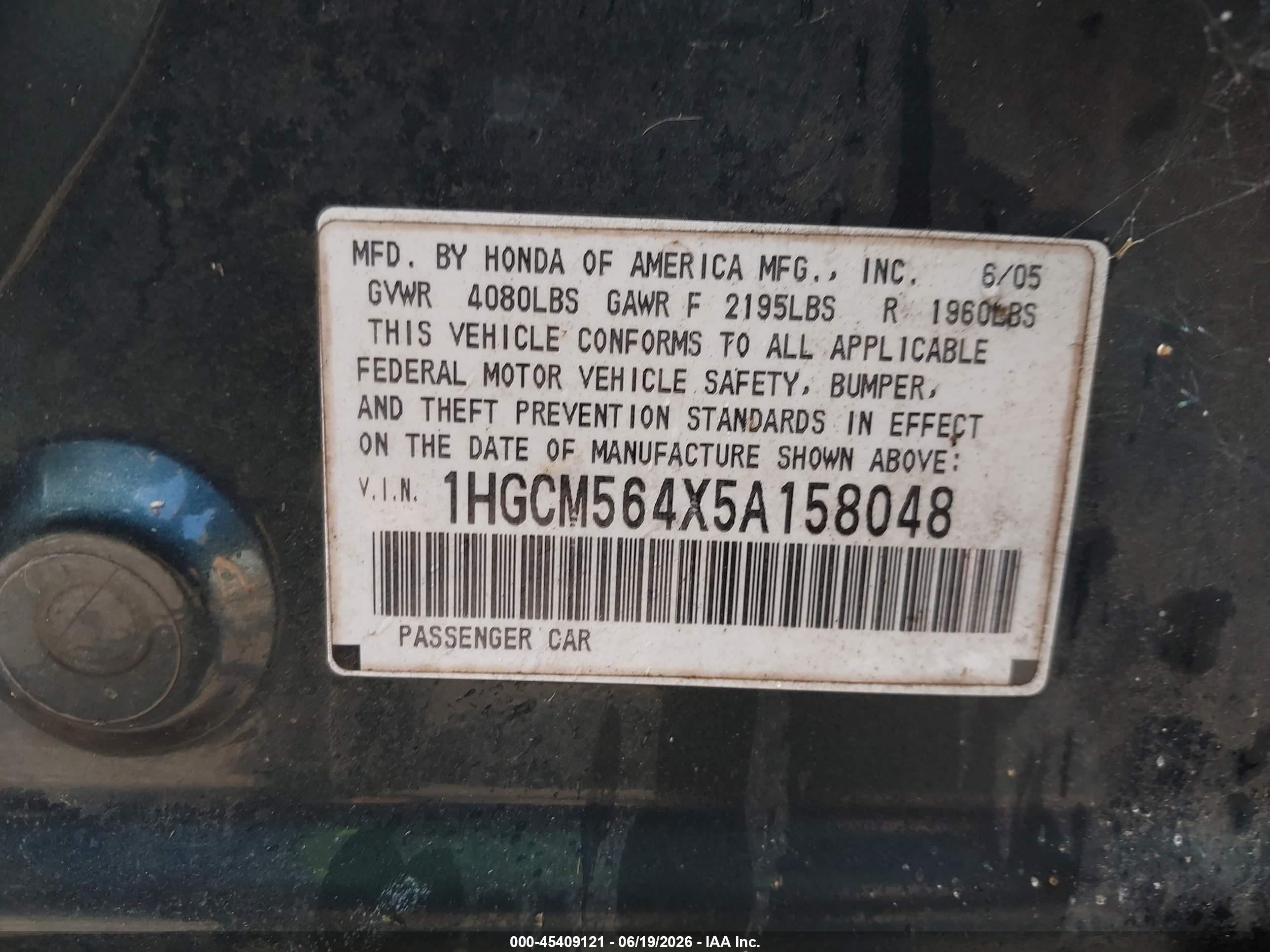 2005 Honda Accord 2.4 Lx Blue vin: 1HGCM564X5A158048