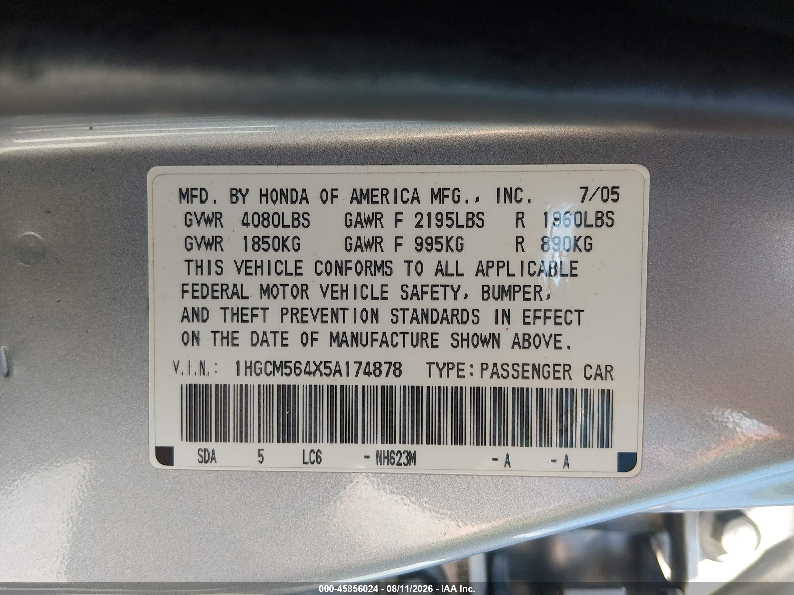 2005 Honda Accord 2.4 Lx Silver vin: 1HGCM564X5A174878