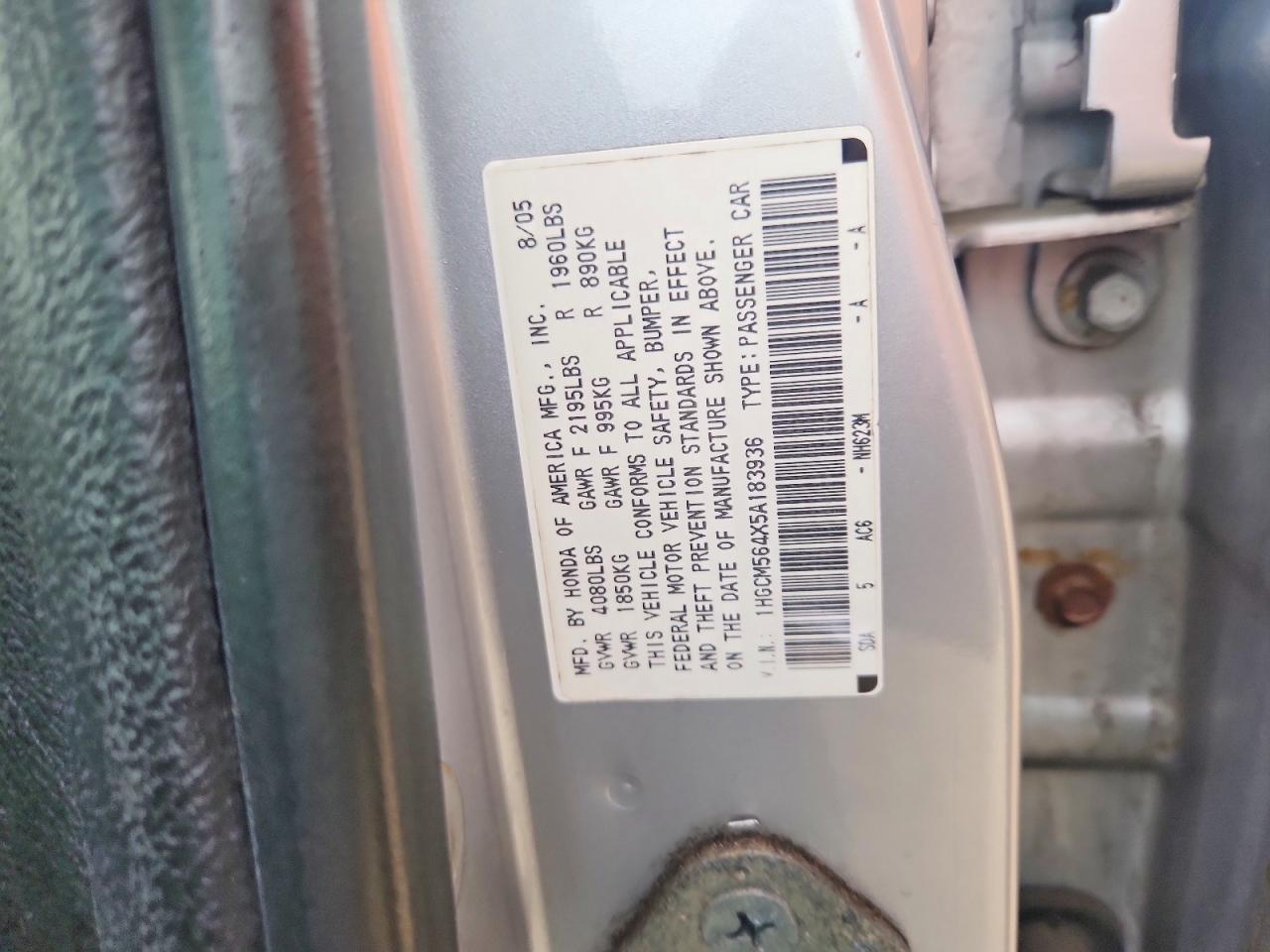 2005 Honda Accord Lx Silver vin: 1HGCM564X5A183936