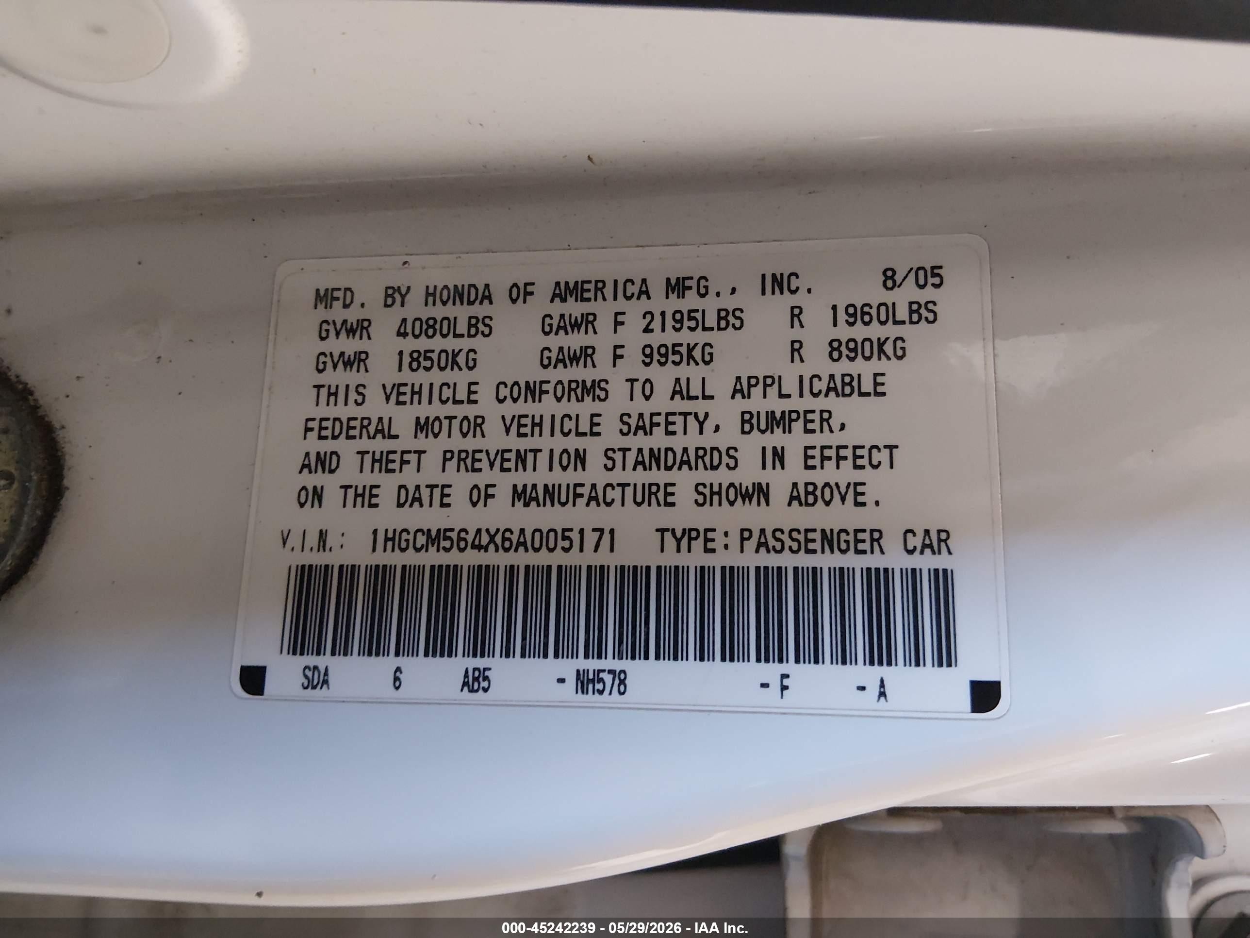 2006 Honda Accord 2.4 Lx Белый vin: 1HGCM564X6A005171