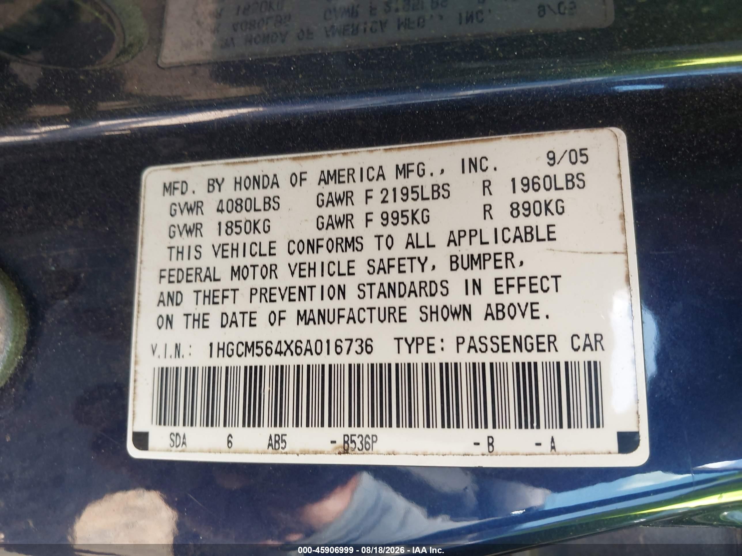 2006 Honda Accord 2.4 Lx Blue vin: 1HGCM564X6A016736