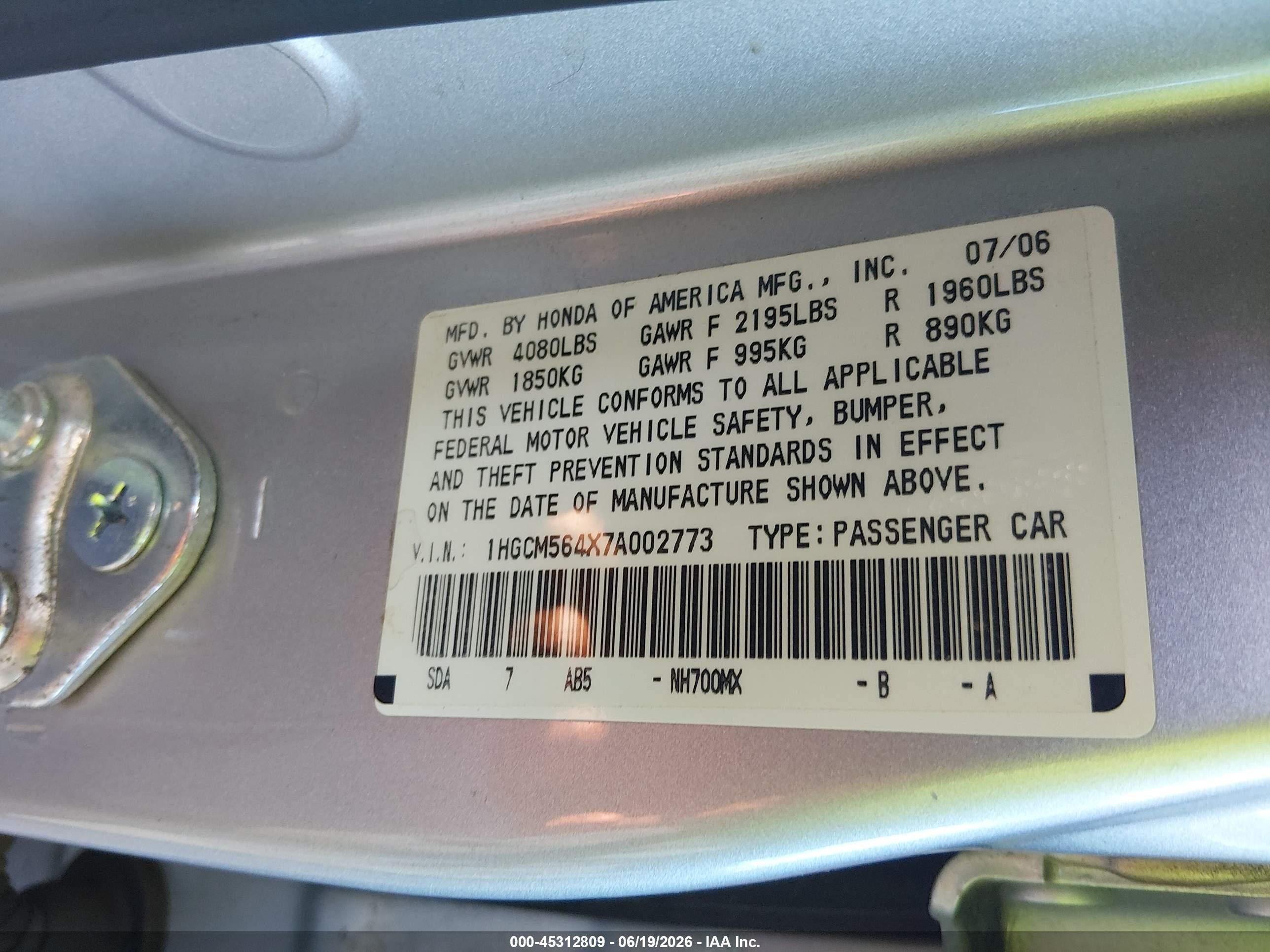 2007 Honda Accord 2.4 Lx Silver vin: 1HGCM564X7A002773