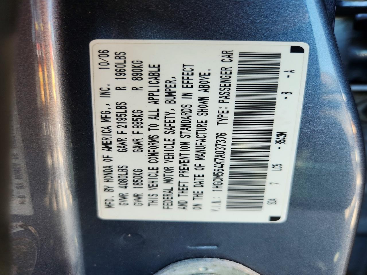 2007 Honda Accord Lx Blue vin: 1HGCM564X7A037376