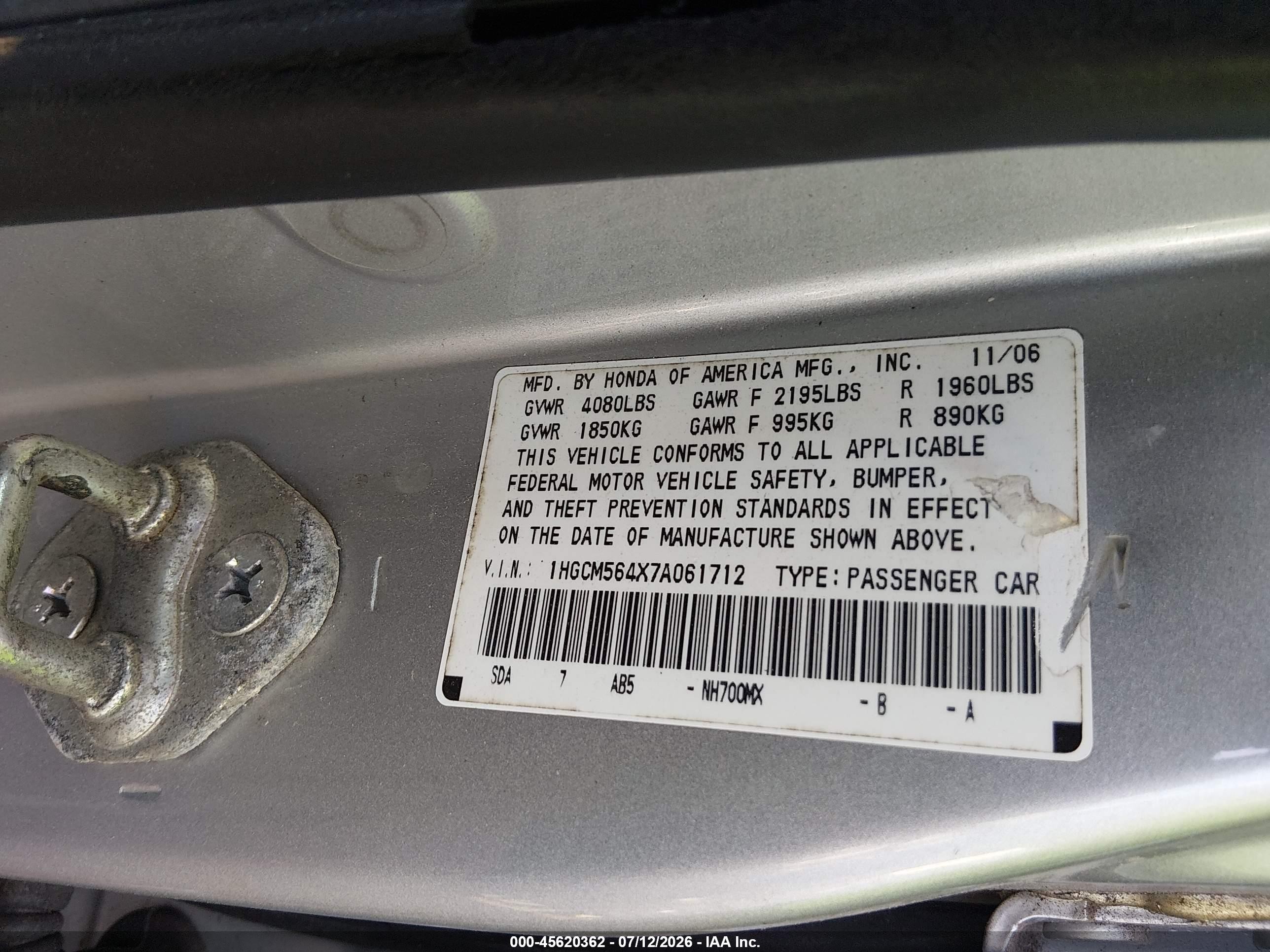 2007 Honda Accord 2.4 Lx Gray vin: 1HGCM564X7A061712