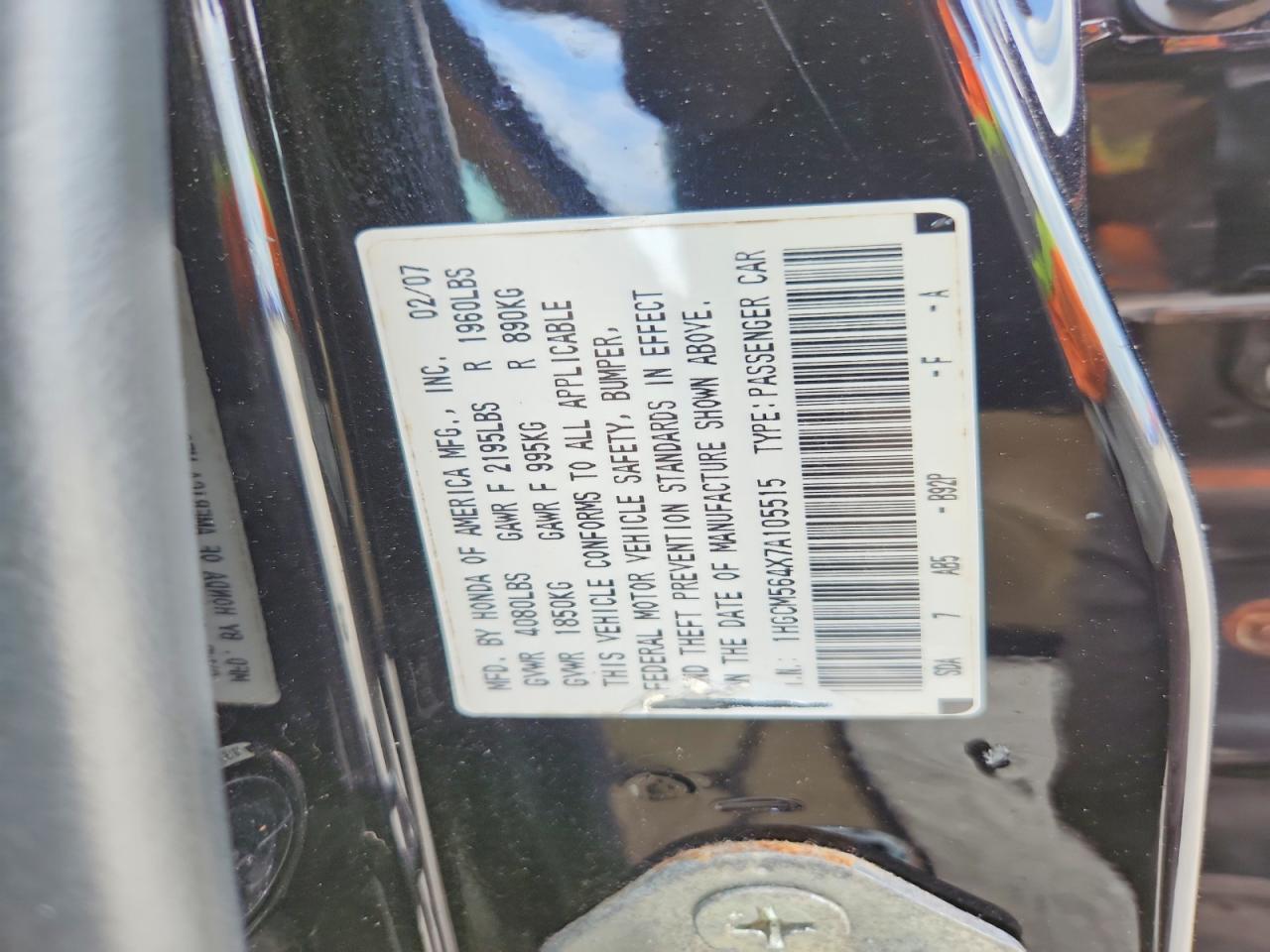 2007 Honda Accord Lx Black vin: 1HGCM564X7A105515