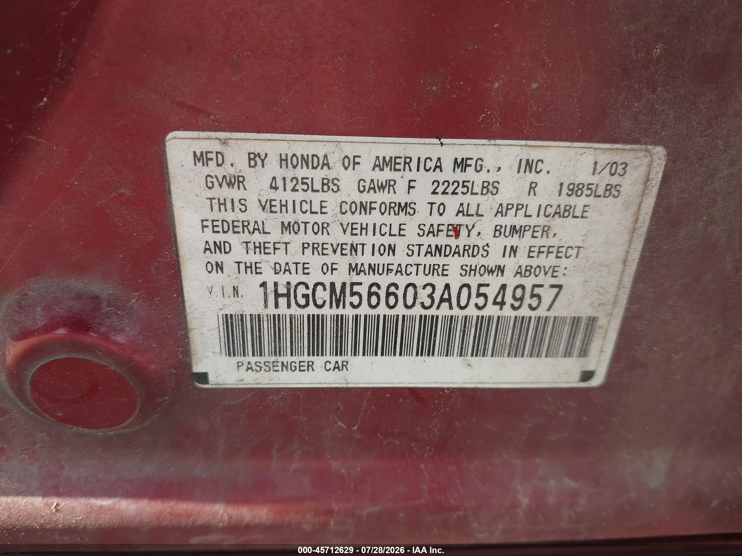 2003 Honda Accord 2.4 Ex Красный vin: 1HGCM56603A054957