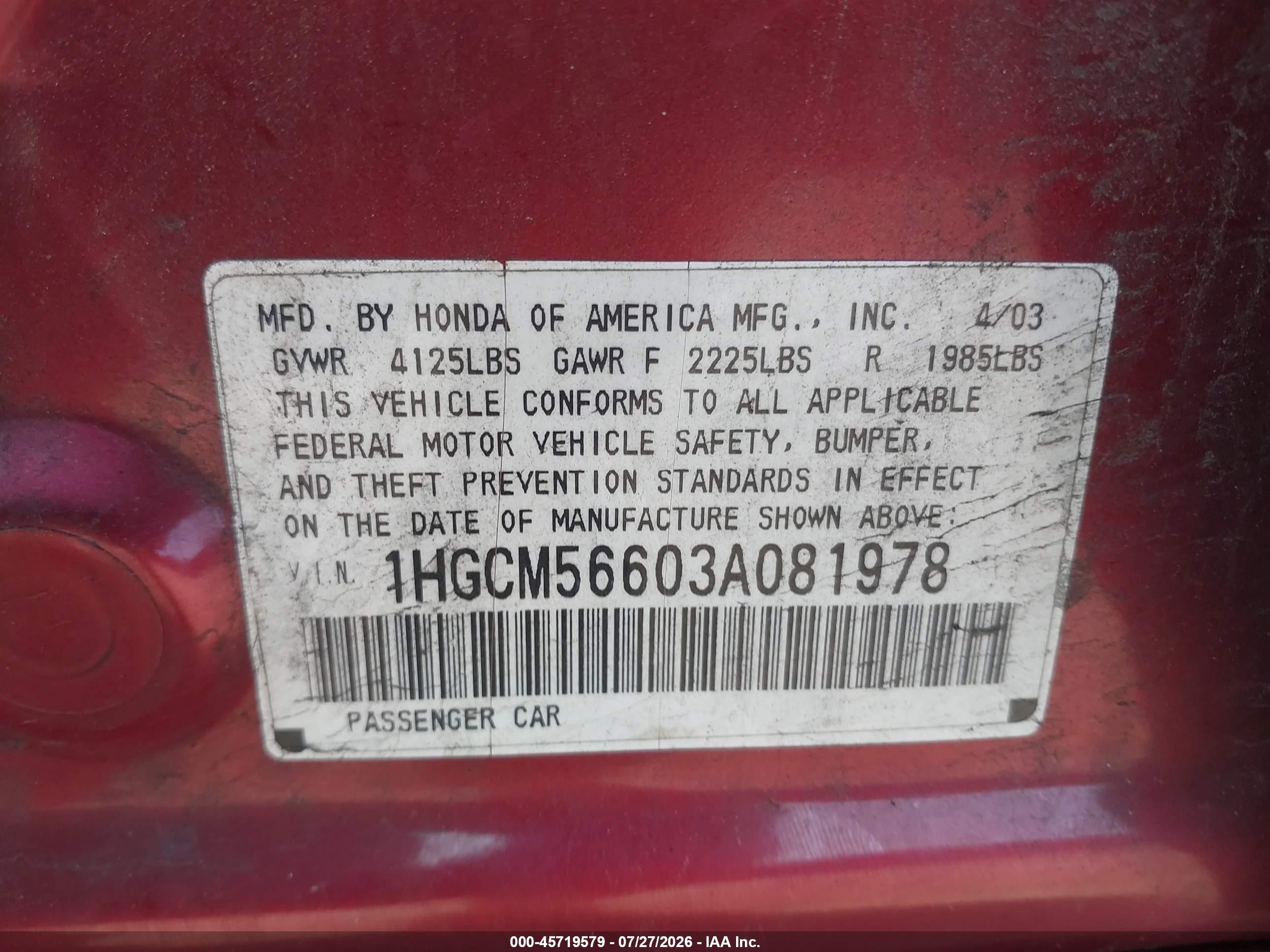 2003 Honda Accord 2.4 Ex Maroon vin: 1HGCM56603A081978