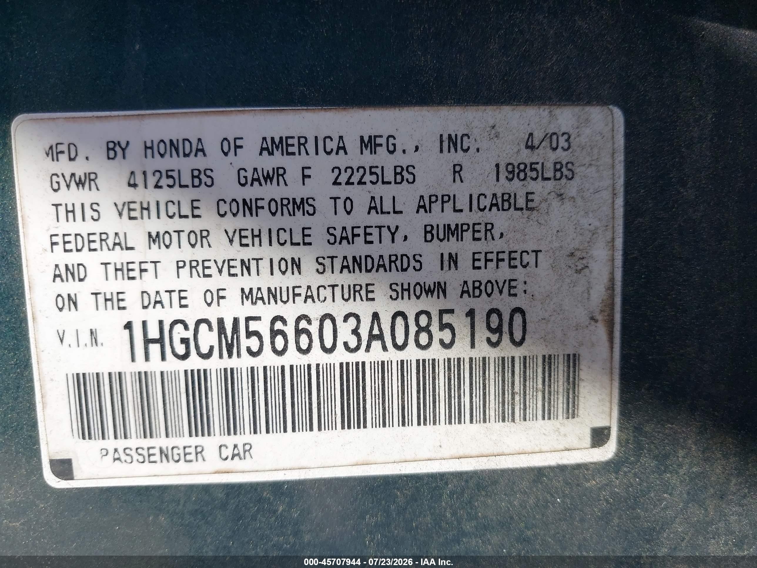 2003 Honda Accord 2.4 Ex Green vin: 1HGCM56603A085190