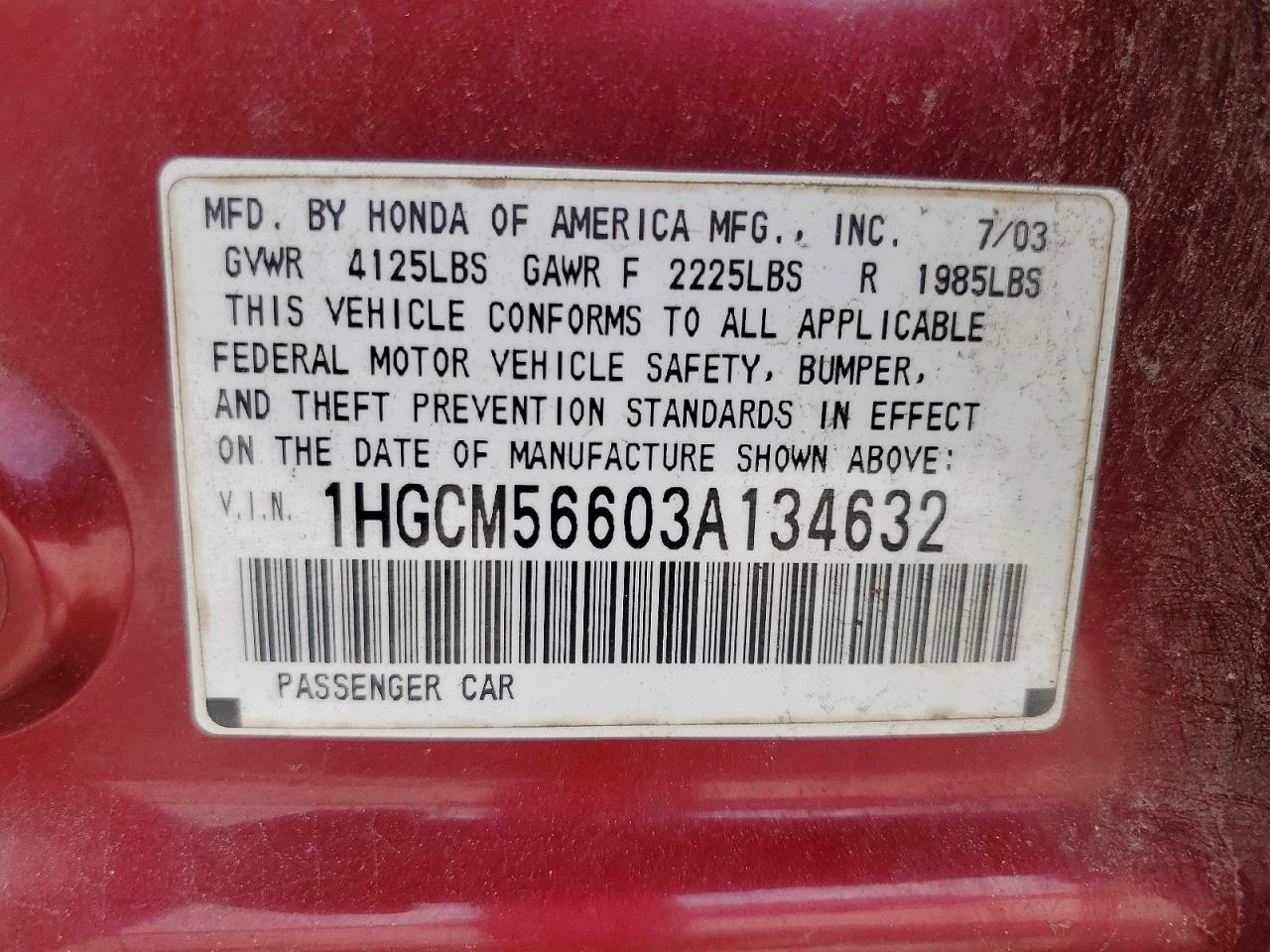 2003 Honda Accord Ex Burgundy vin: 1HGCM56603A134632
