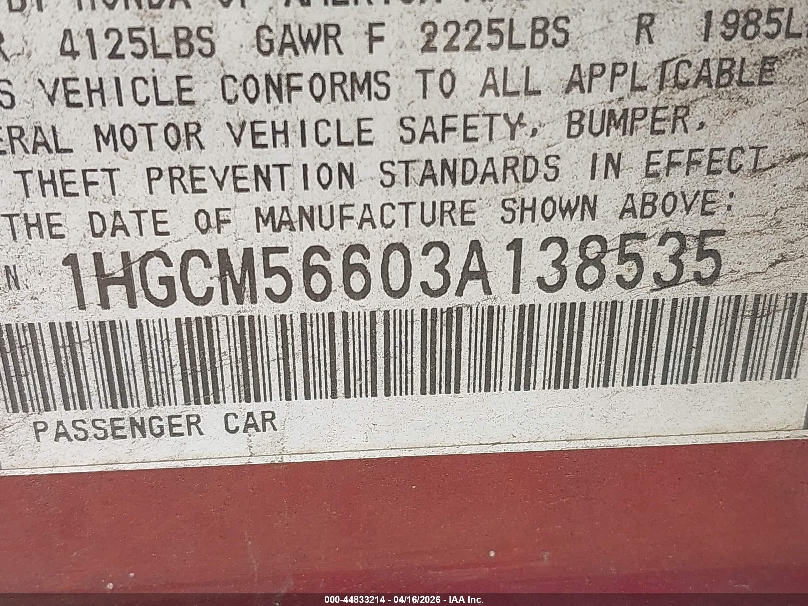 2003 Honda Accord 2.4 Ex Бордовый vin: 1HGCM56603A138535