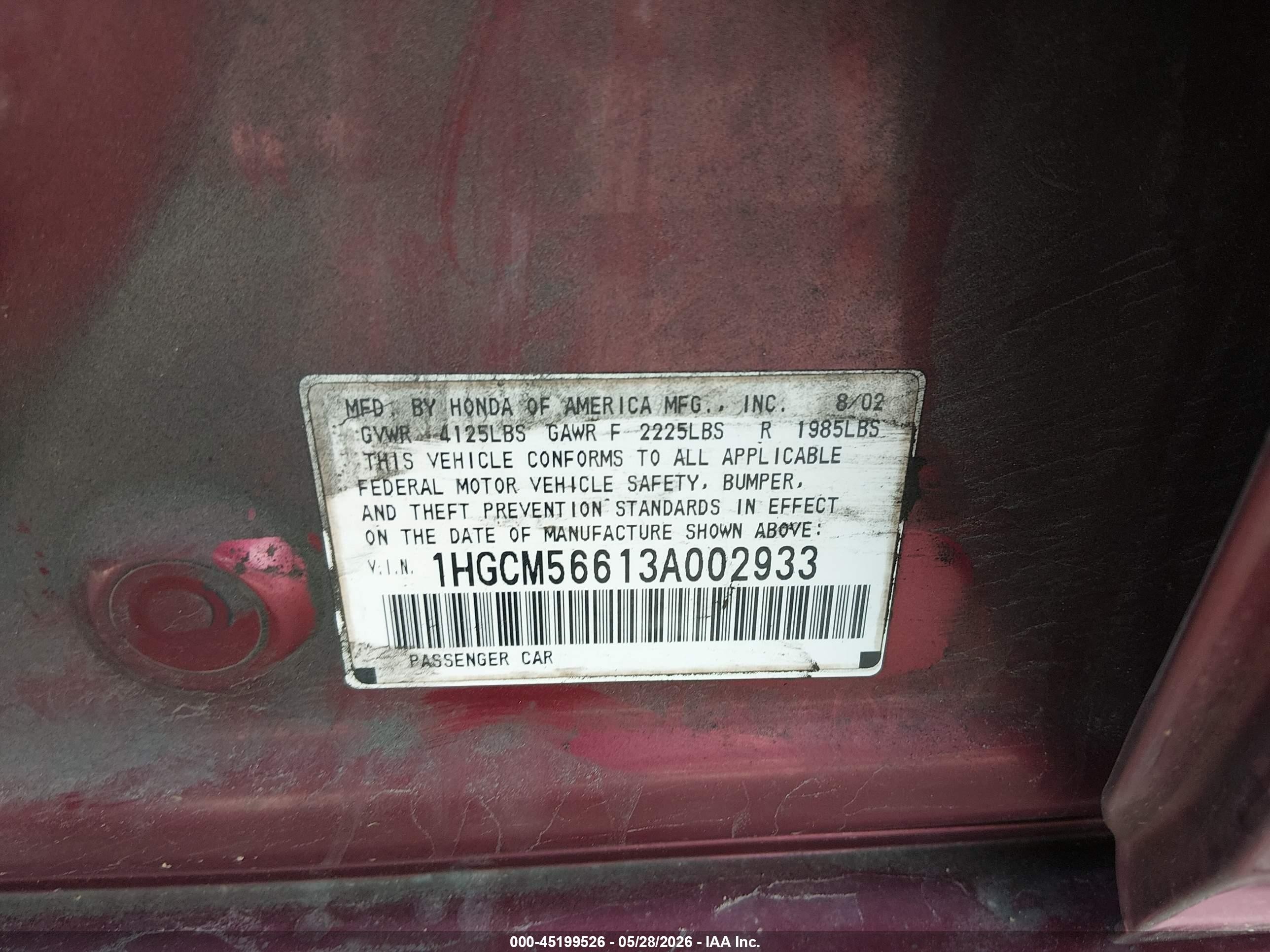 2003 Honda Accord 2.4 Ex Red vin: 1HGCM56613A002933