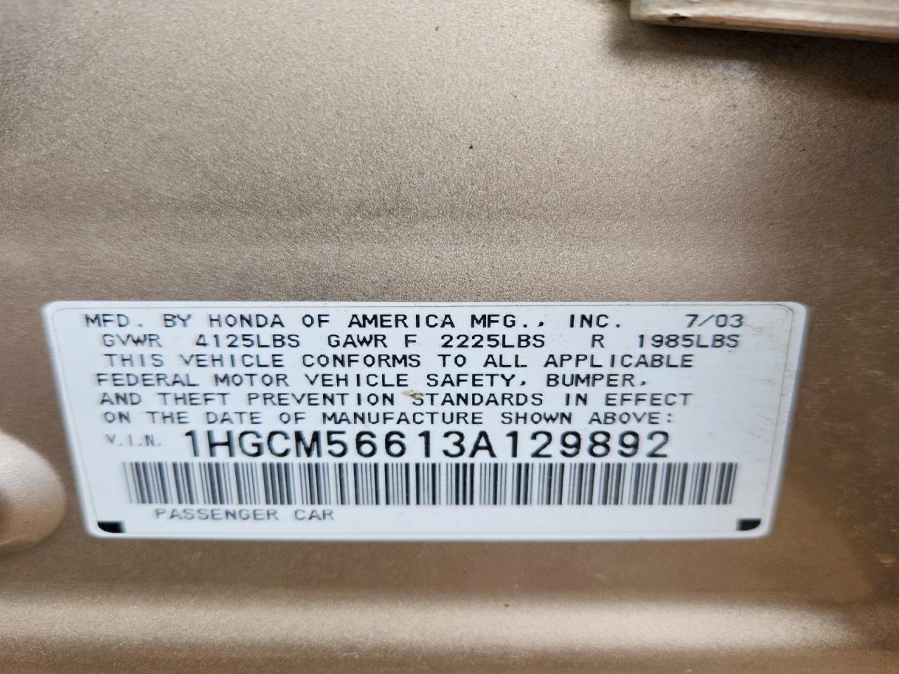 2003 Honda Accord Ex Tan vin: 1HGCM56613A129892