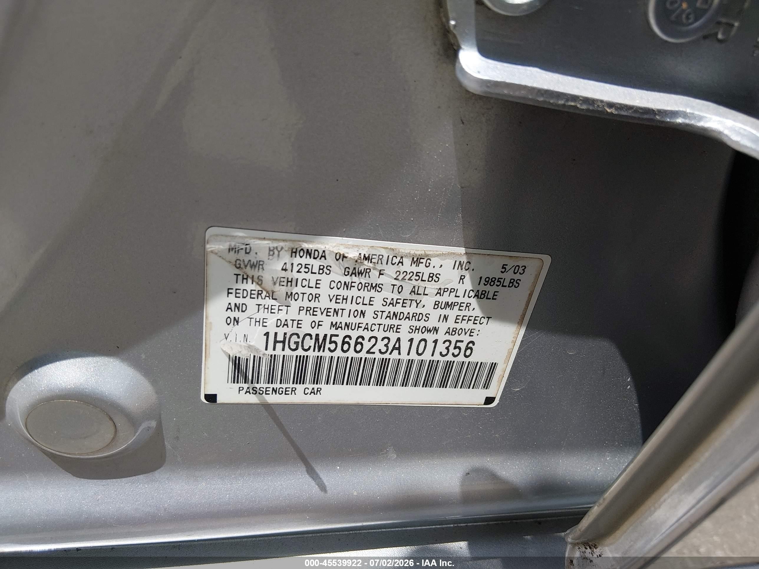 2003 Honda Accord 2.4 Ex Silver vin: 1HGCM56623A101356
