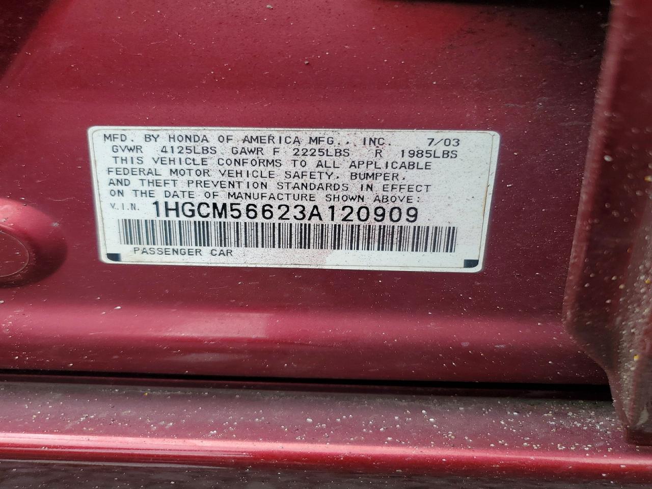 2003 Honda Accord Ex Maroon vin: 1HGCM56623A120909