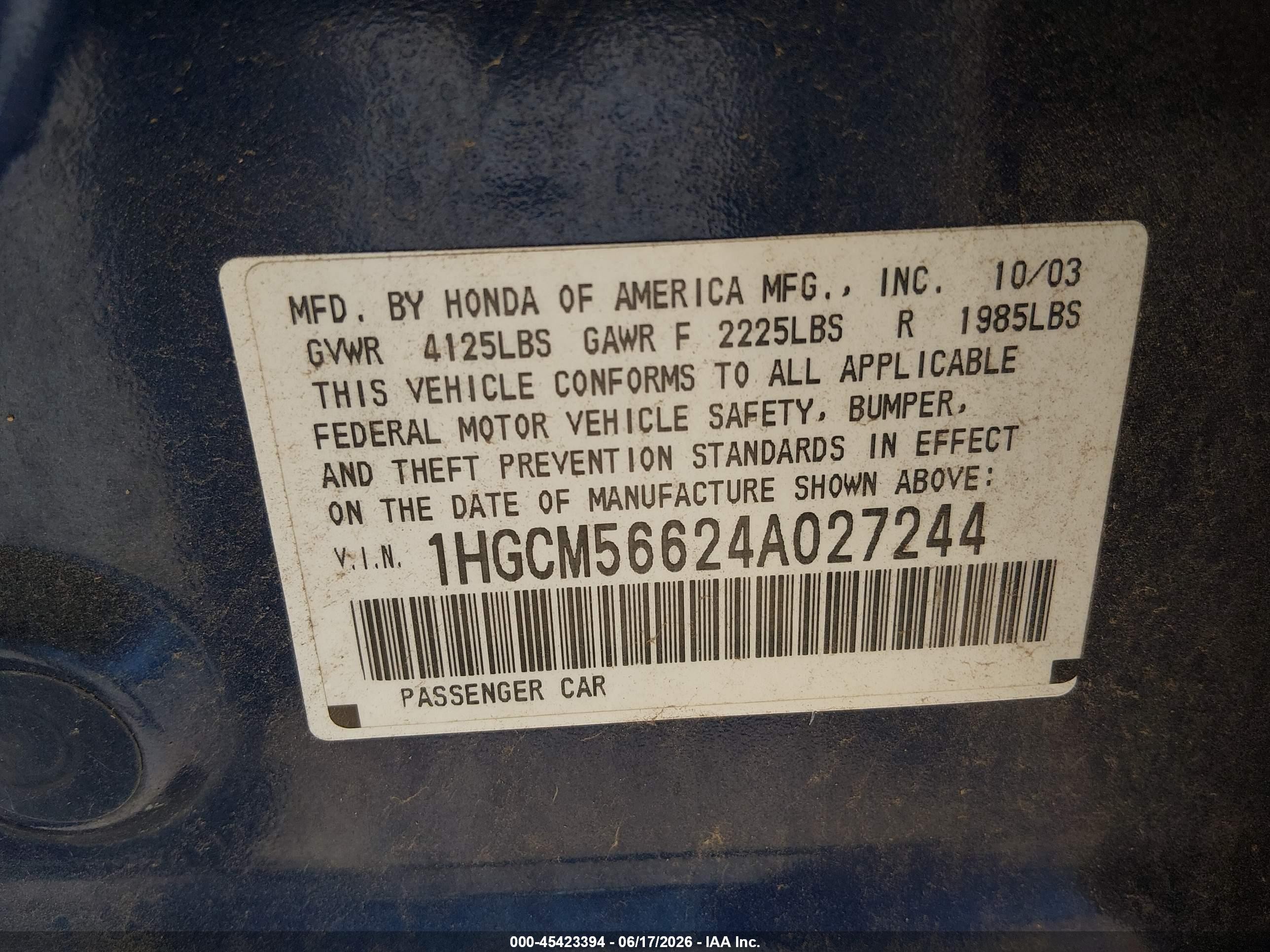 2004 Honda Accord 2.4 Ex Dark Blue vin: 1HGCM56624A027244