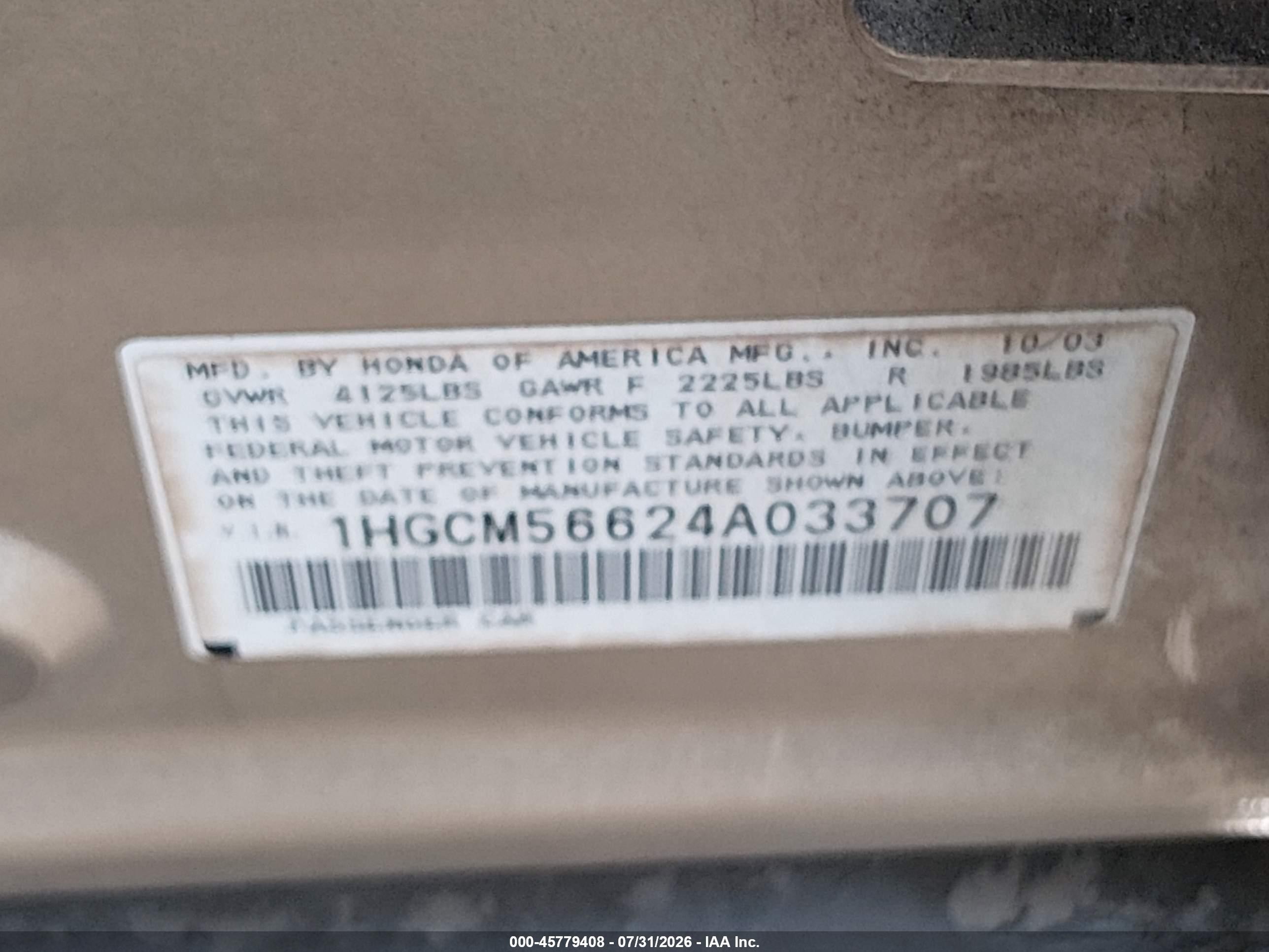 2004 Honda Accord 2.4 Ex Beige vin: 1HGCM56624A033707