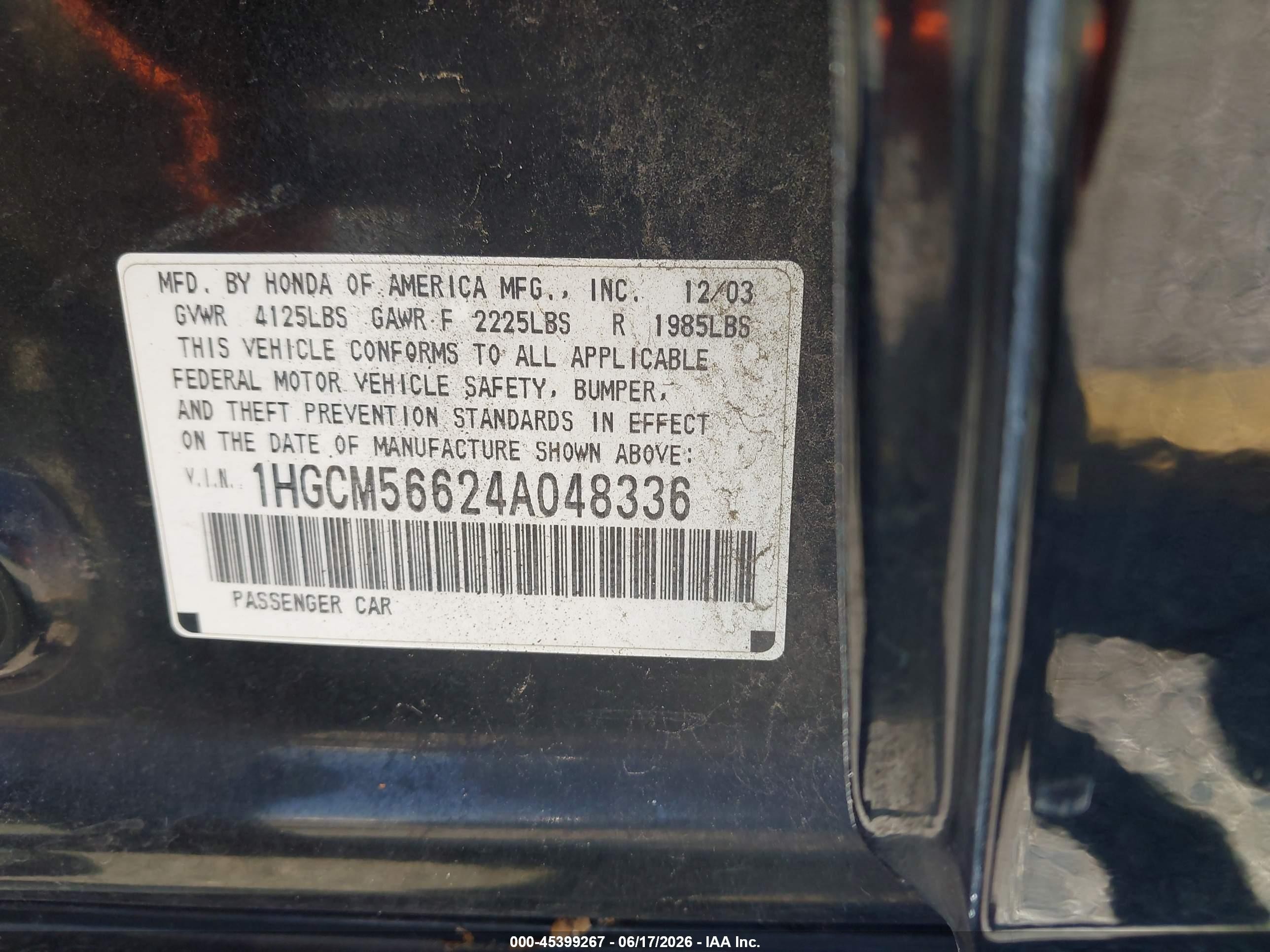 2004 Honda Accord 2.4 Ex Black vin: 1HGCM56624A048336