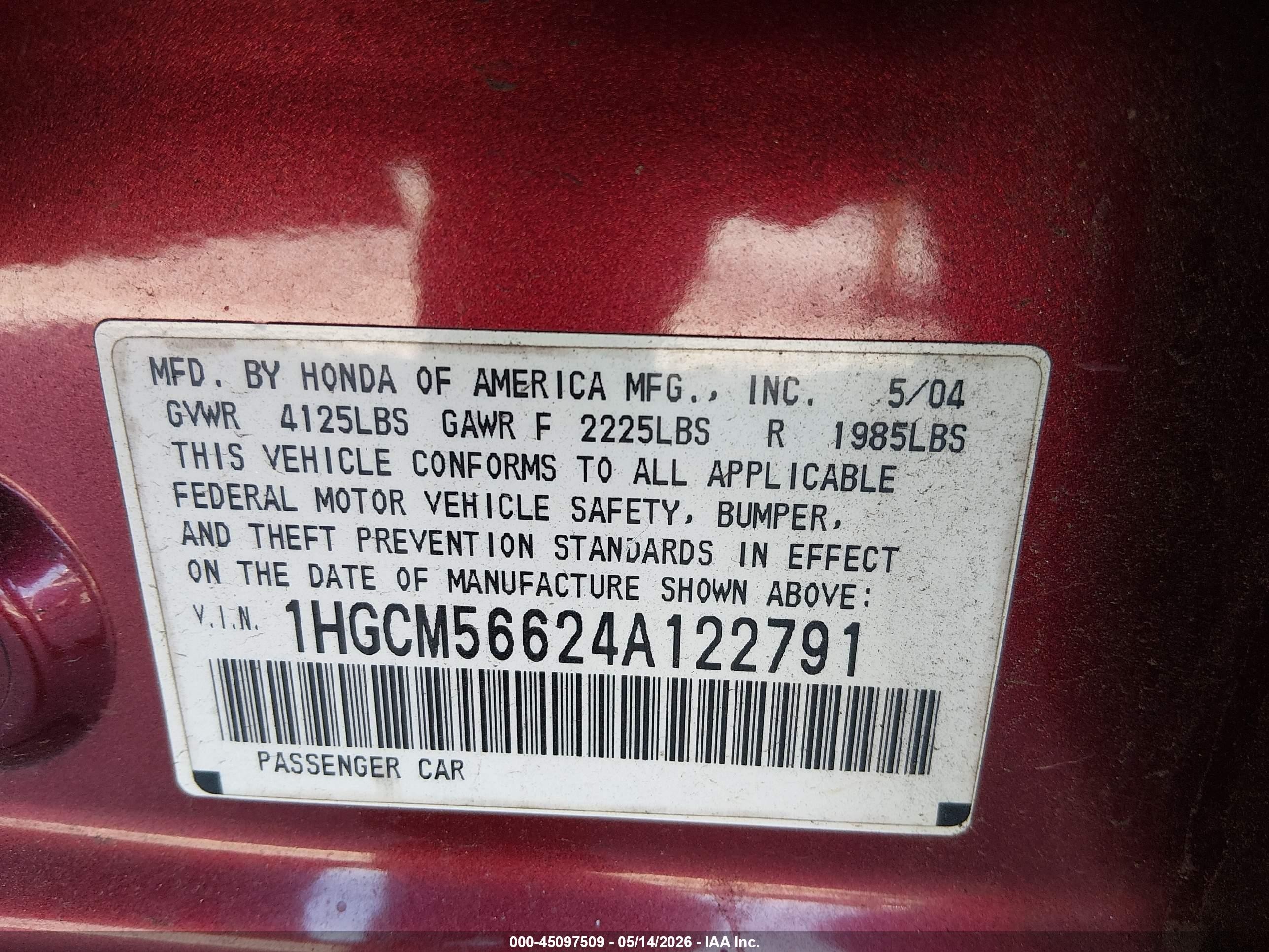 2004 Honda Accord 2.4 Ex Burgundy vin: 1HGCM56624A122791