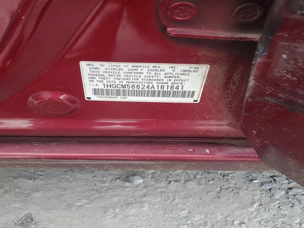 2004 Honda Accord Ex Burgundy vin: 1HGCM56624A161641